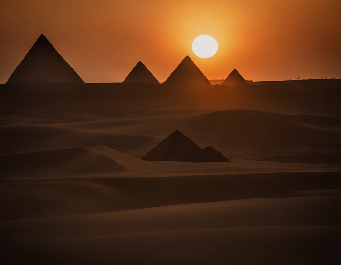 An extremely beautiful photo of the Great Pyramids in Gize Egypt, by the desert, sunset, candle lights on, dramatic lighting, laser lights, magnificent aura, amazing views, stunning skies, spectacular full moon, ethereal environment.