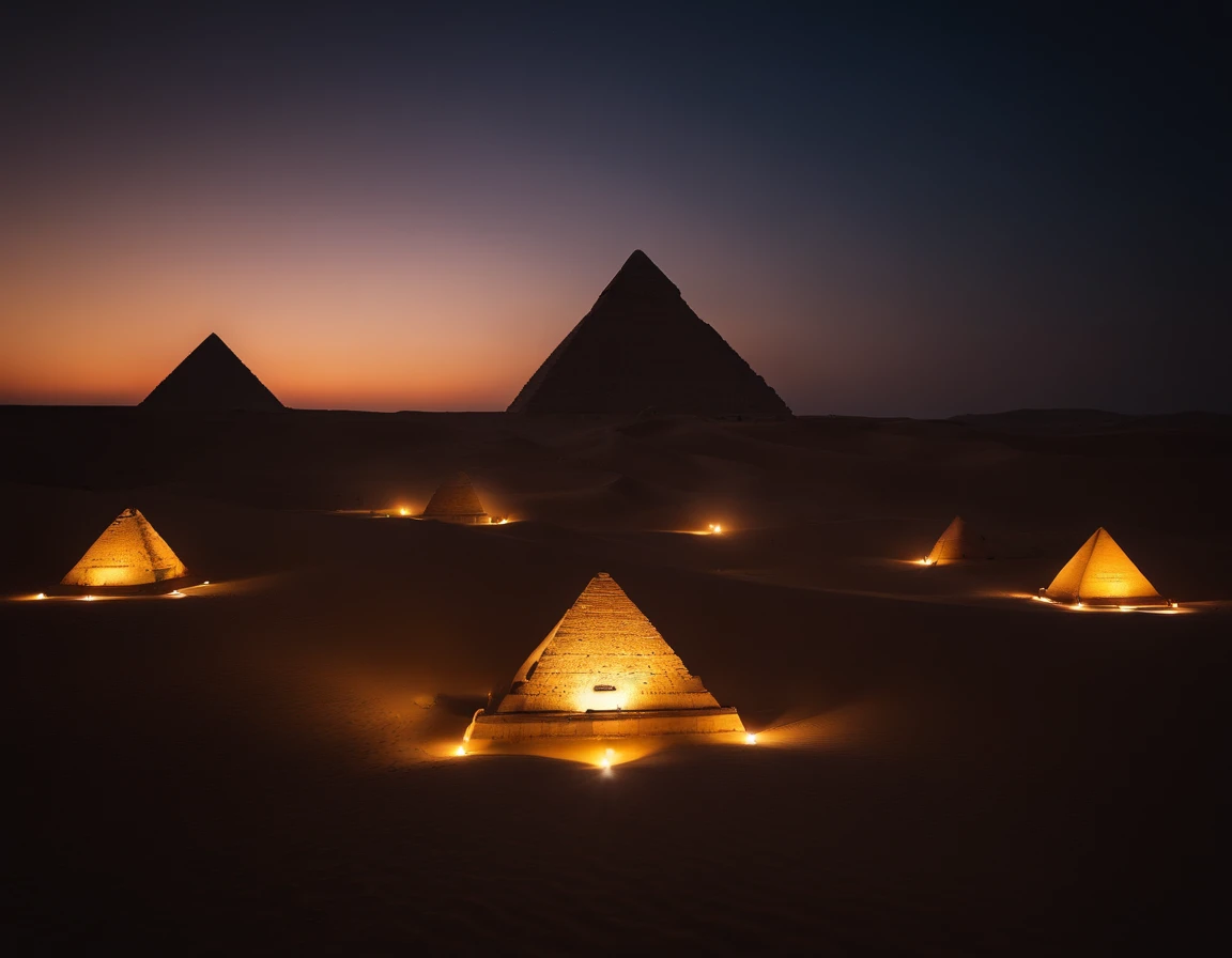 An extremely beautiful photo of the Great Pyramids in Gize Egypt, by the desert, sunset, candle lights on, dramatic lighting, laser lights, magnificent aura, amazing views, stunning skies, spectacular full moon, ethereal environment.