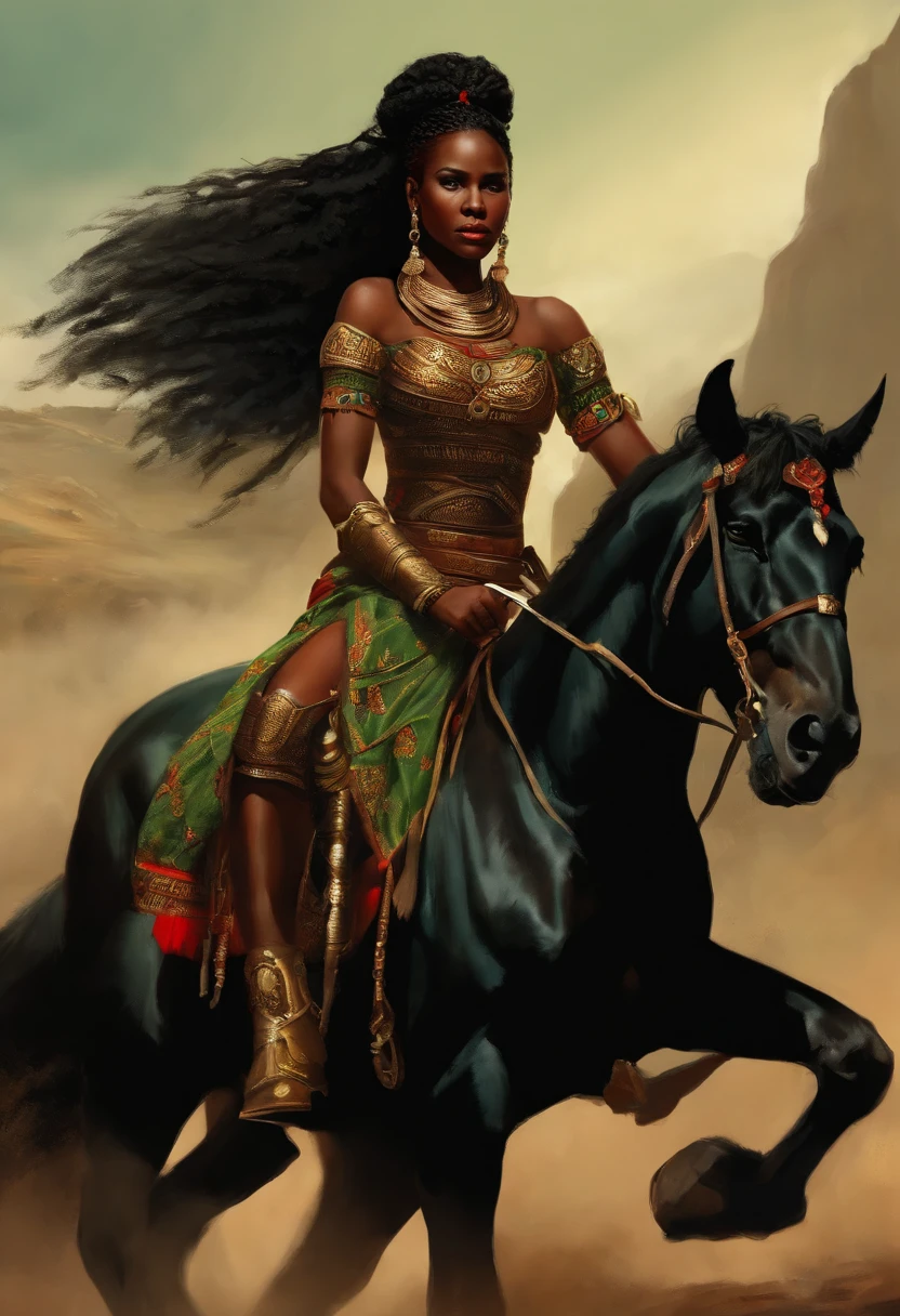 (African Warrior Girl Sitting on a Black Horse, Haut rouge, Jupe verte, holding two swords, clenched teeth) combat (homme Africain, barbe noir, frizzy hair, Two swords, cheval noir, standing, courrier, crier, Angry, cap, do, ennemis
