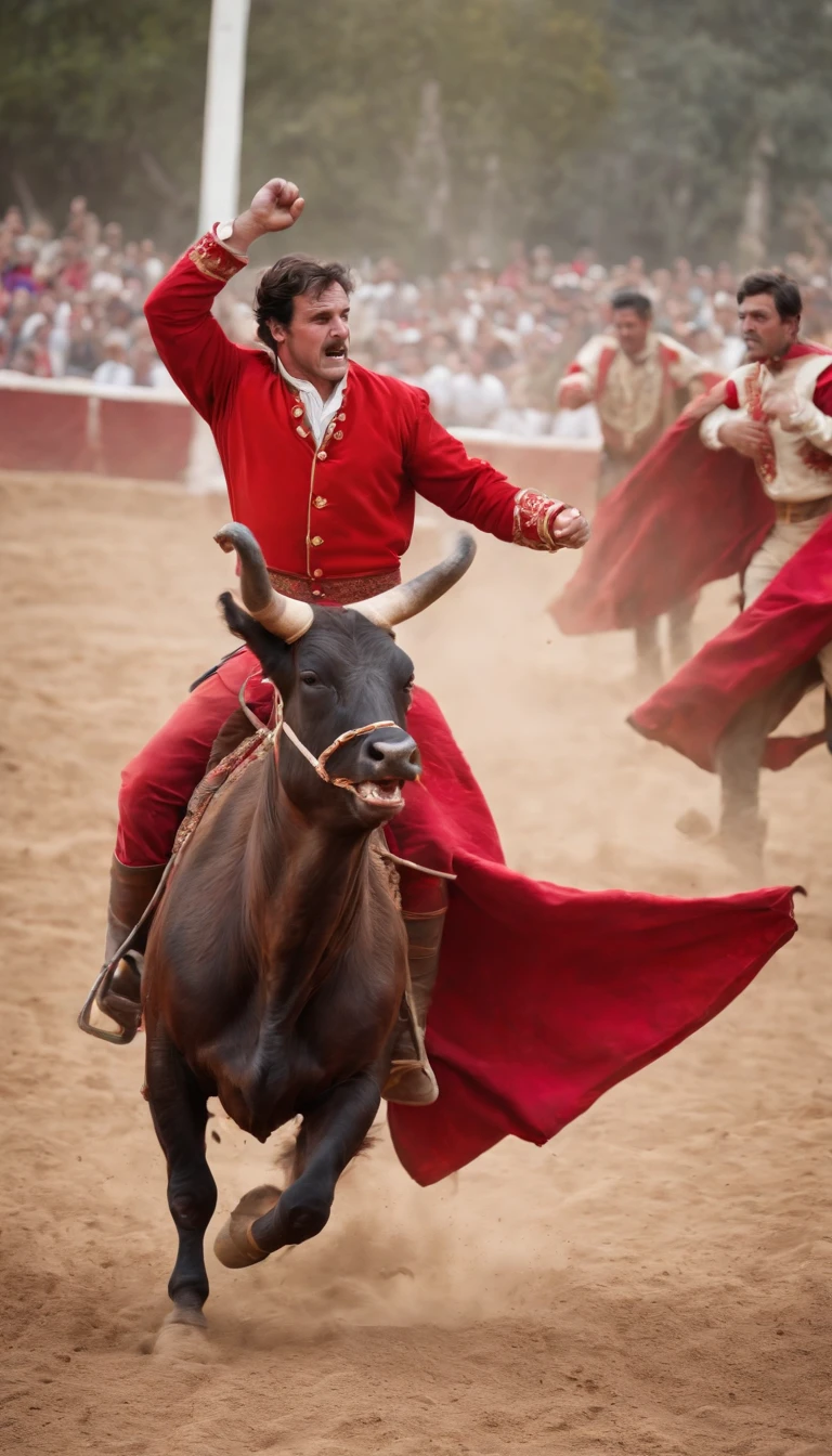 crowd,lively,energetic,arena,bullfight,bull,dirty clothes,disgusted expression,terrified,chaotic,spectators,waving hands,human interaction,dangerous,bullring,
strong crowd atmosphere,arena dust,tribune,sunlight,courageous,traditional sport,blood red capes,dynamic movements,breathtaking moments,music,passionate,bullfighter,excitement,adrenaline rush,nervous anticipation,traditional attire,spain,matador,rodeo,noisy cheering,bravery,authentic experience,vivid colors,daring,thrilling,skilled,precision,artistic choreography,unpredictable outcome,heroic figure,bulls charging,emotional intensity,clashing wills.