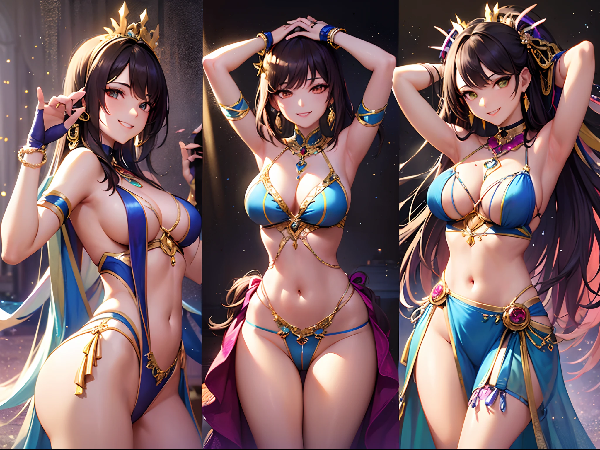 (Finest quality)),(超A high resolution),(ultra-detailliert),(Meticulous portrayal),((best pictures)),(Finest works of art),Ultra-Precision Art,The art of astounding depiction, Fantasyart:1.5, (One Dancer:1.5),(((provocative smiling:1.5))),Dynamic poses:1.5,((Colorful dancer costumes:1.4)),(gradients:1.5),see -through,Glamorous Body,Toned abdomen,jewellery, Ultra-precision depiction furnishings