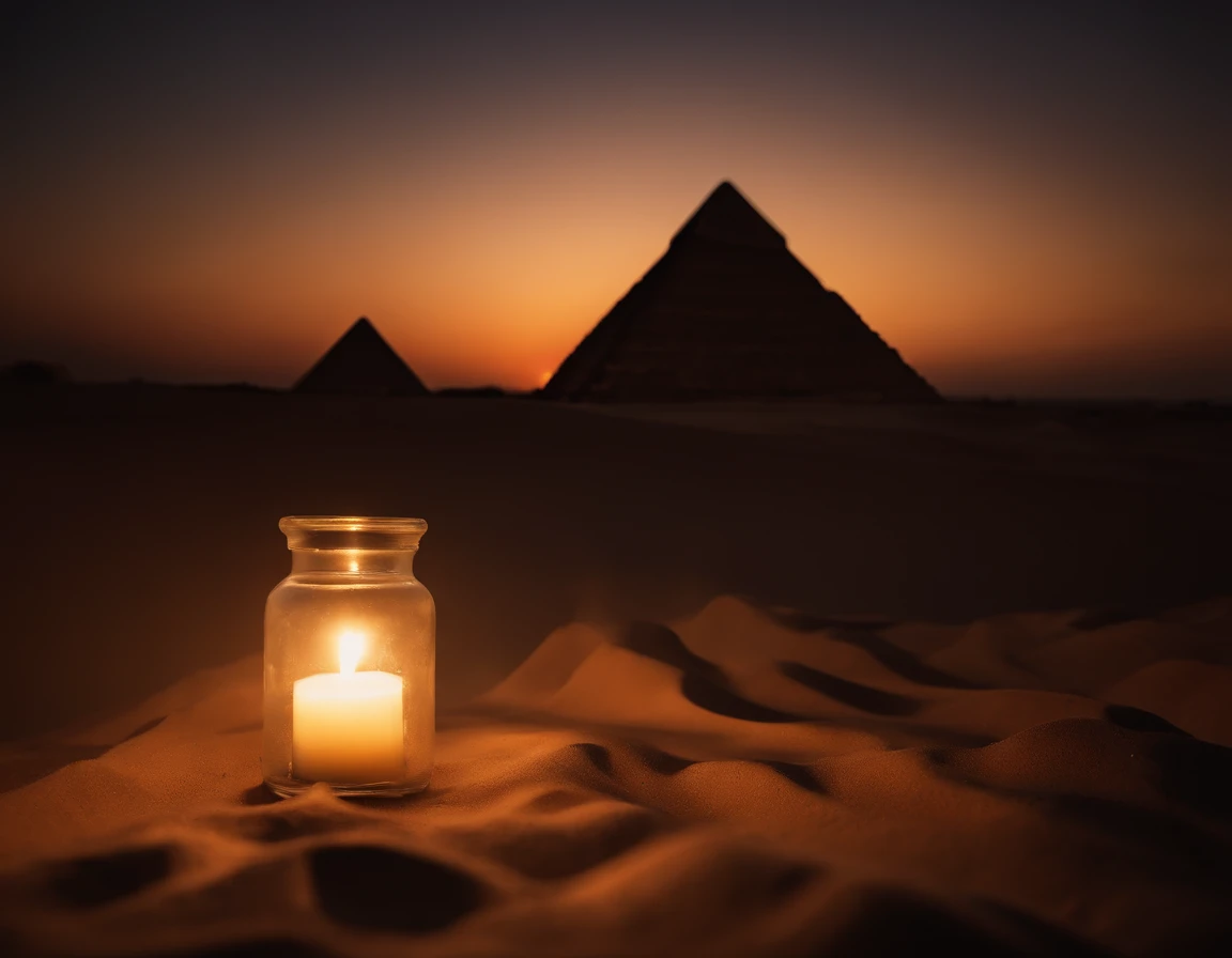 An extremely beautiful photo of the Great Pyramids in Gize Egypt, by the desert, sunset, candle lights on, dramatic lighting, laser lights, magnificent aura, amazing views, stunning skies, spectacular full moon, ethereal environment.