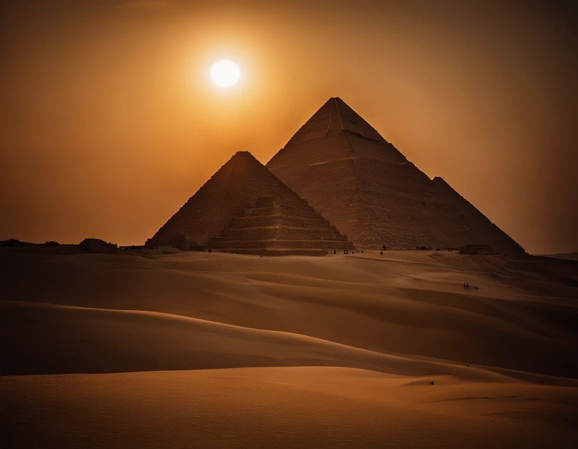 An extremely beautiful photo of the Great Pyramids in Gize Egypt, by the desert, sunset, candle lights on, dramatic lighting, laser lights, magnificent aura, amazing views, stunning skies, spectacular full moon, ethereal environment.