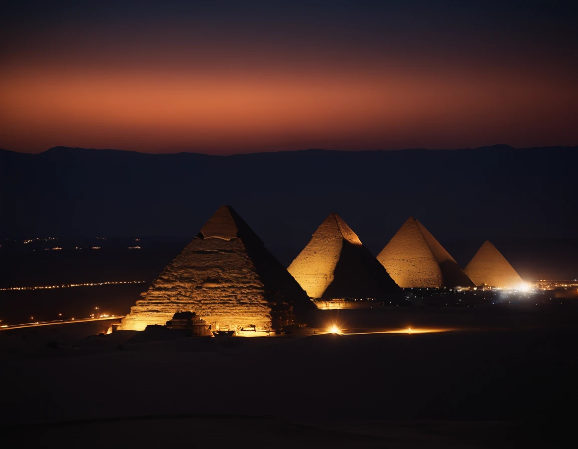 An extremely beautiful photo of the Great Pyramids in Gize Egypt, by the desert, sunset, candle lights on, dramatic lighting, laser lights, magnificent aura, amazing views, stunning skies, spectacular full moon, ethereal environment.