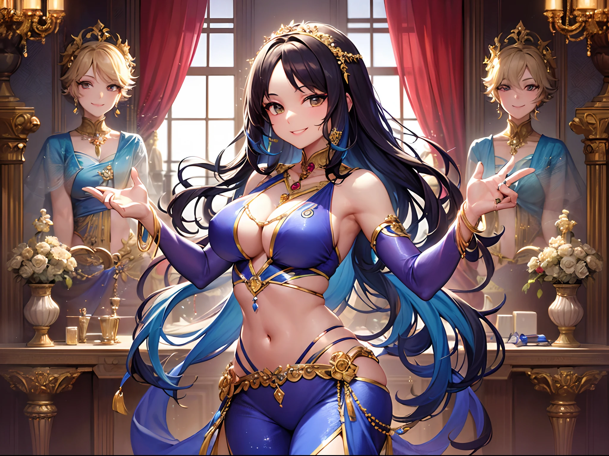 (Finest quality)),(超A high resolution),(ultra-detailliert),(Meticulous portrayal),((best pictures)),(Finest works of art),Ultra-Precision Art,The art of astounding depiction, Fantasyart:1.5, (One Dancer:1.5),(((a smile:1.5))),Dynamic poses:1.5,((Colorful dancer costumes:1.4)),(gradients:1.5),see -through:1.8,Glamorous Body,Toned abdomen,jewellery, Ultra-precision depiction furnishings