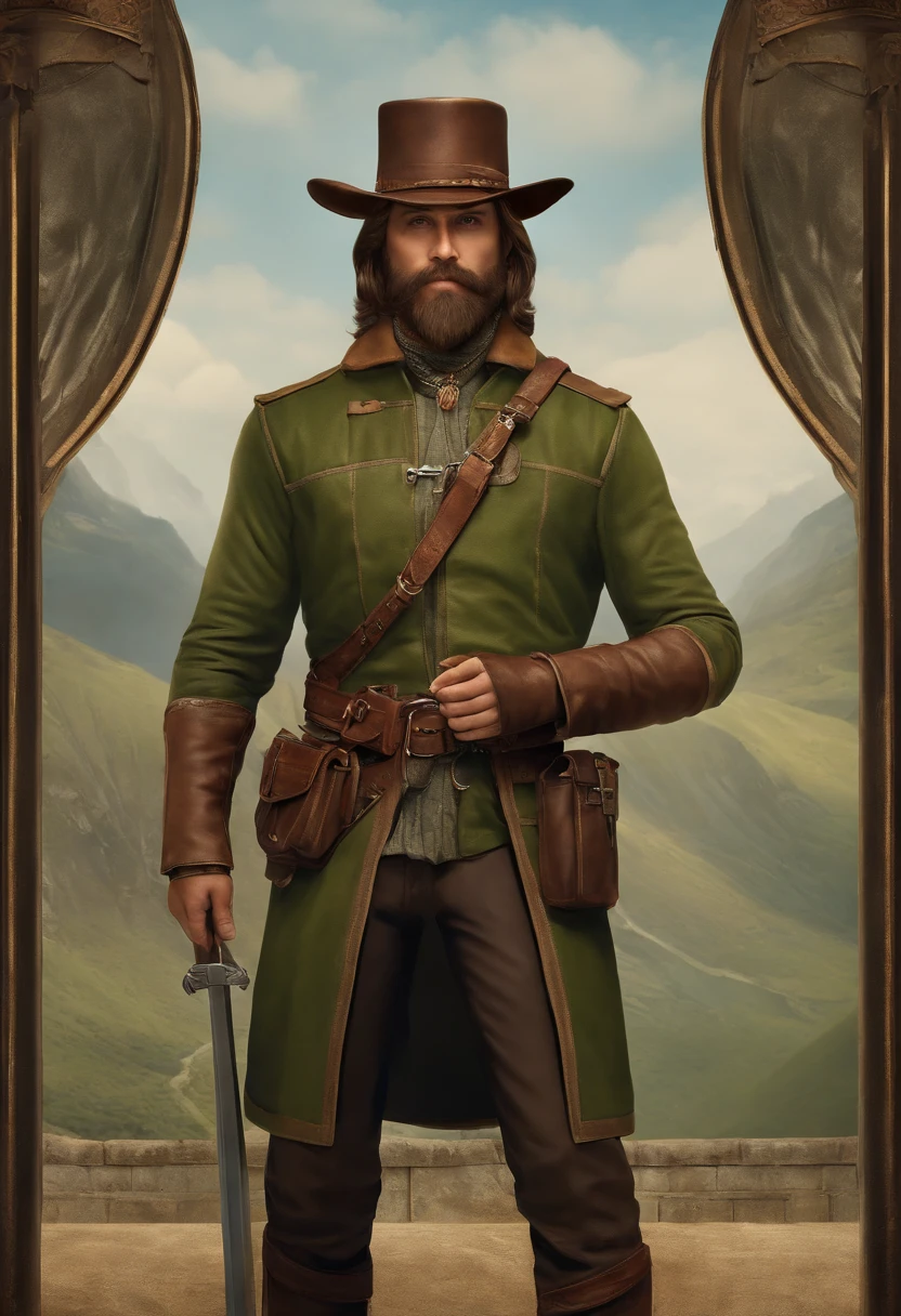 Create a fascinating character for Midjourney, a charismatic explorer named Elandor. Elandor is a man in his thirties, Endowed with a well-groomed beard and piercing green eyes that seem to have already seen the world. He always wears an explorer's hat and a worn leather jacket., marked by the many adventures he has lived. on le vois de pres comme dans un photomaton, on ne lui voit que la tete et les epaules, I only want to see his head from close to the front