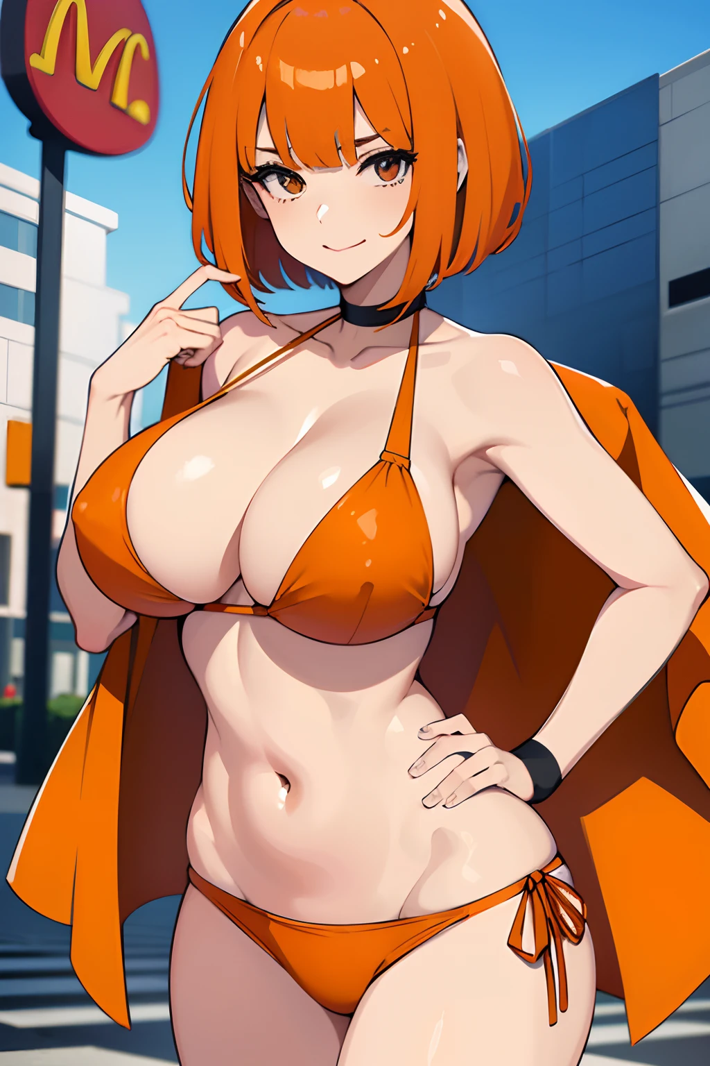 Mujer, (pechos grandes), ((corte bob recto)), ((cabello naranja)), (solo), sexy Orange hair, mcdonald's, bikini