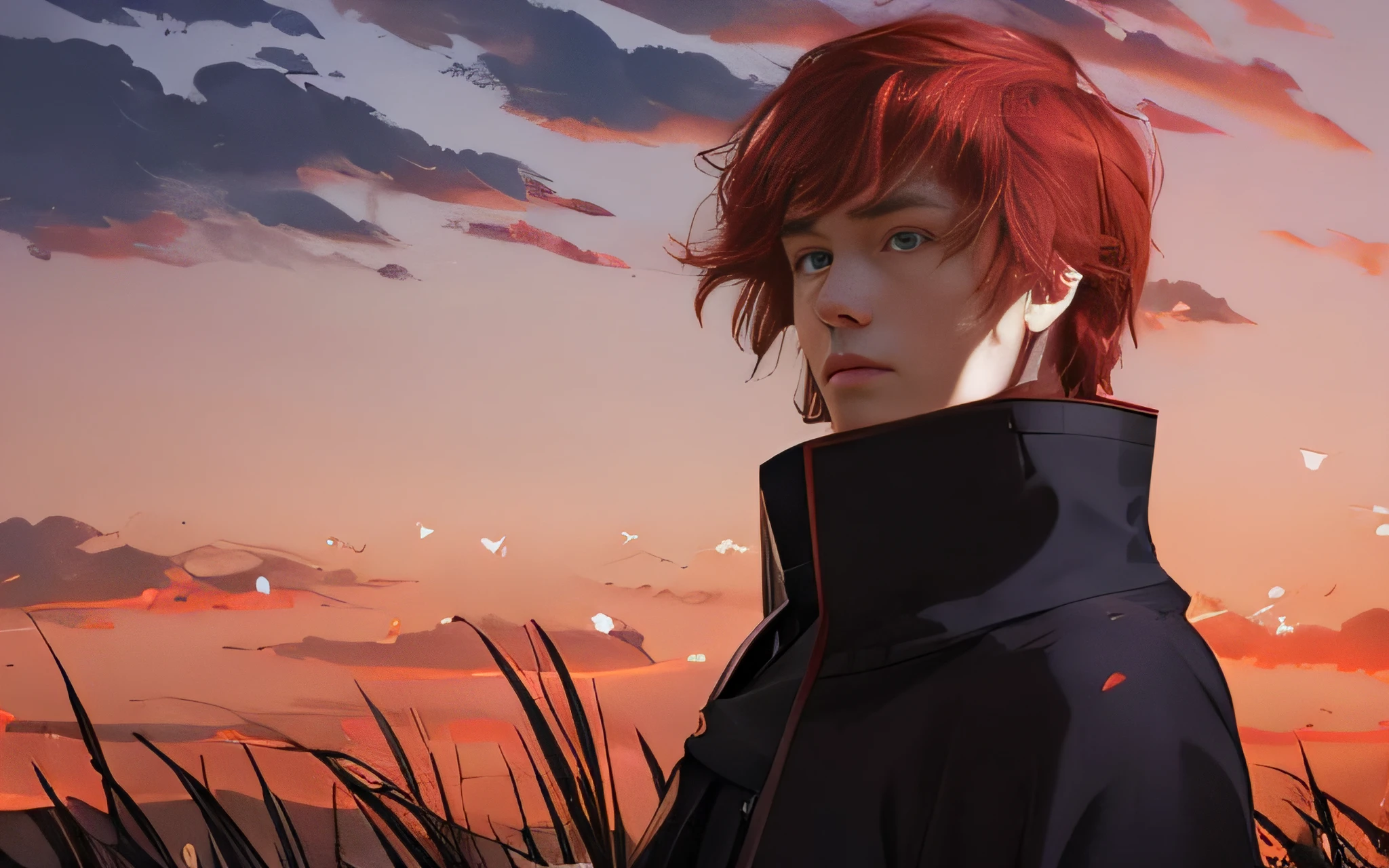 1 young male model, natural red hair, perfect big tan eyes, human face, looking into the sky, red line on black robe, realistic, ultra detail, 70mm lens