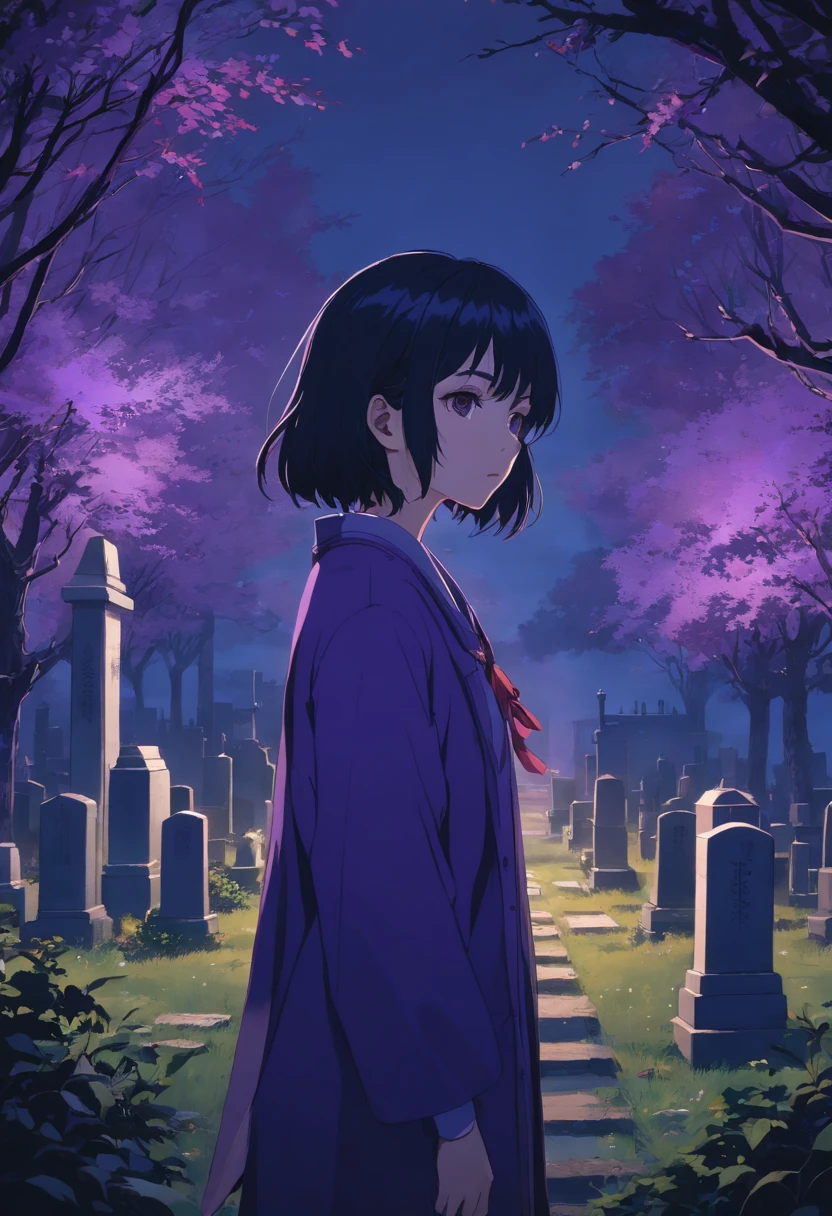 Girl in a cemetery,portrait,dent,dark atmosphere,Purple lighting,Best quality,4K,8k,high resolucion,Masterpiece:1.2,Ultra-detailed,Realstic,photoreallistic:1.37,mysterious atmosphere,Style Adrian Ghenie,Detailed facial features,exaggerated eyes,mise au point nette,ambiance effrayante,Takato Yamamoto Style,Dark and disturbing setting,Style Tim Burton,Gothic elements,of mesmerizing beauty,cauchemar,Keep the details sharp.