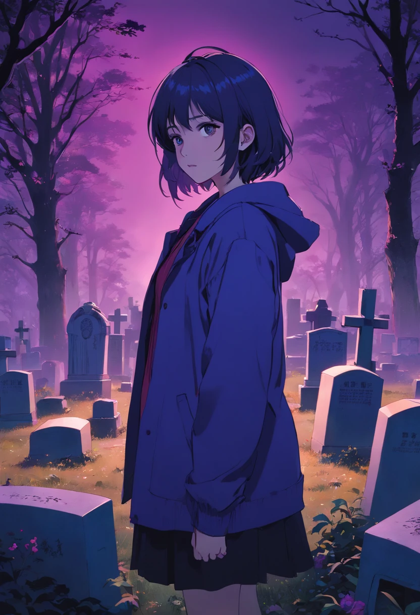 Girl in a cemetery,portrait,dent,dark atmosphere,Purple lighting,Best quality,4K,8k,high resolucion,Masterpiece:1.2,Ultra-detailed,Realstic,photoreallistic:1.37,mysterious atmosphere,Style Adrian Ghenie,Detailed facial features,exaggerated eyes,mise au point nette,ambiance effrayante,Takato Yamamoto Style,Dark and disturbing setting,Style Tim Burton,Gothic elements,of mesmerizing beauty,cauchemar,Keep the details sharp.