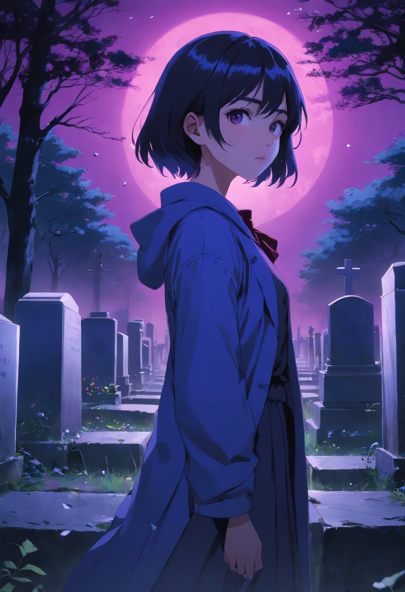 Girl in a cemetery,portrait,dent,dark atmosphere,Purple lighting,Best quality,4K,8k,high resolucion,Masterpiece:1.2,Ultra-detailed,Realstic,photoreallistic:1.37,mysterious atmosphere,Style Adrian Ghenie,Detailed facial features,exaggerated eyes,mise au point nette,ambiance effrayante,Takato Yamamoto Style,Dark and disturbing setting,Style Tim Burton,Gothic elements,of mesmerizing beauty,cauchemar,Keep the details sharp.
