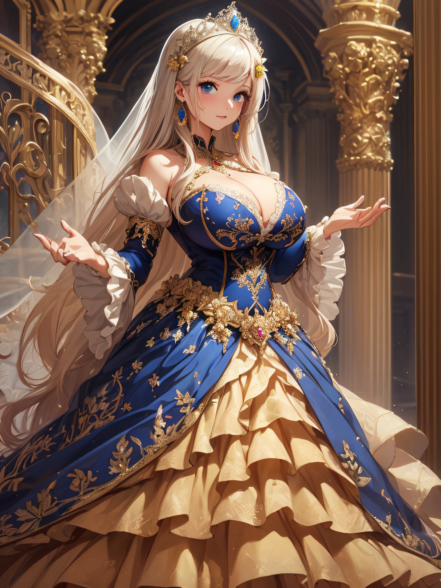 ((anime artstyle)),(Masterpiece),(Best Quality), (Super Detail),((Very Delicate and Beautiful)),cinematic lighting,1 lady,((full body portrait)),((solo)),digital art,(((1 princess in beautiful embroidery and jeweled gorgeous princess rococo ballgown with voluminous full length hoop skirt))),crinoline,long train,((beautiful embroidery and jeweled)),voluminous frills,See-through,(gorgeous embroidery and beautiful lace),(((gigantic tits,skindentation,gigantic cleavage breasts))),cleavage,((large amount of straight hair,extremely voluminous Hair,Very Long Straight Hair)),((finely detailed face and eyes)),clear pupil,((((extremely gorgeousfull hair ornament)))),(bling-bling jeweled extremely gorgeousfull tiara),(bling-bling gorgeous gemstone jewelry),long veil,(beautiful background),(full body),((gorgeous princess rococo ballgown with voluminous full length hoop skirt))