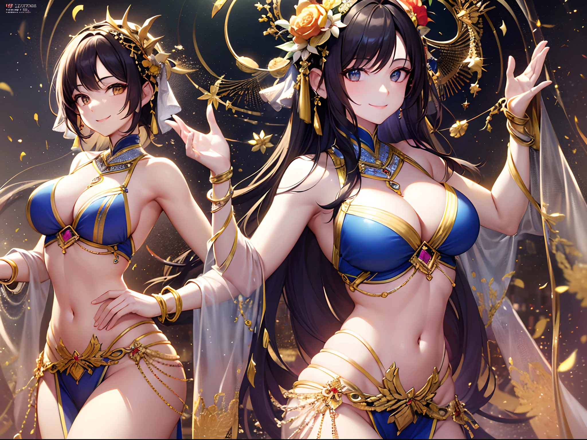(Finest quality)),(超A high resolution),(ultra-detailliert),(Meticulous portrayal),((best pictures)),(Finest works of art),Ultra-Precision Art,The art of astounding depiction, Fantasyart:1.5, (One Dancer:1.5),(((a smile:1.5))),Dynamic poses:1.5,((Colorful dancer costumes:1.4)),(gradients:1.5),see -through:1.8,Glamorous Body,Toned abdomen,jewellery, Ultra-precision depiction furnishings