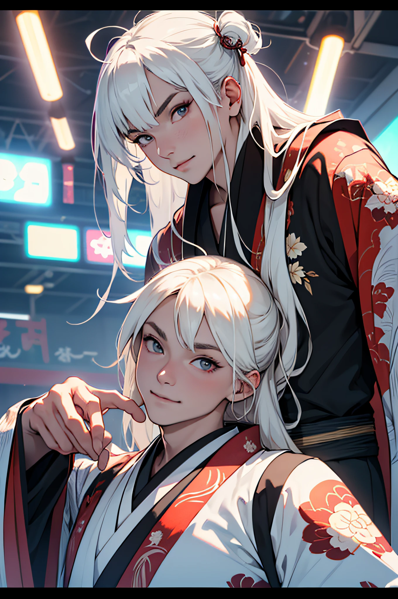((one man)), ((male)), japanese kitsune, japanese kimono, long white hair, perfect face, festival in background, Filmische Beleuchtung, Depth of field, Leuchtendes Licht, raytracing, Reflexionslicht, nahaufnahme, Meisterwerk, Meisterwerk, High quality, best quality, Hohe Detailgenauigkeit, ccurate, anatomisch korrekt, Strukturierte Haut, UHD, hight resolution, 1080p