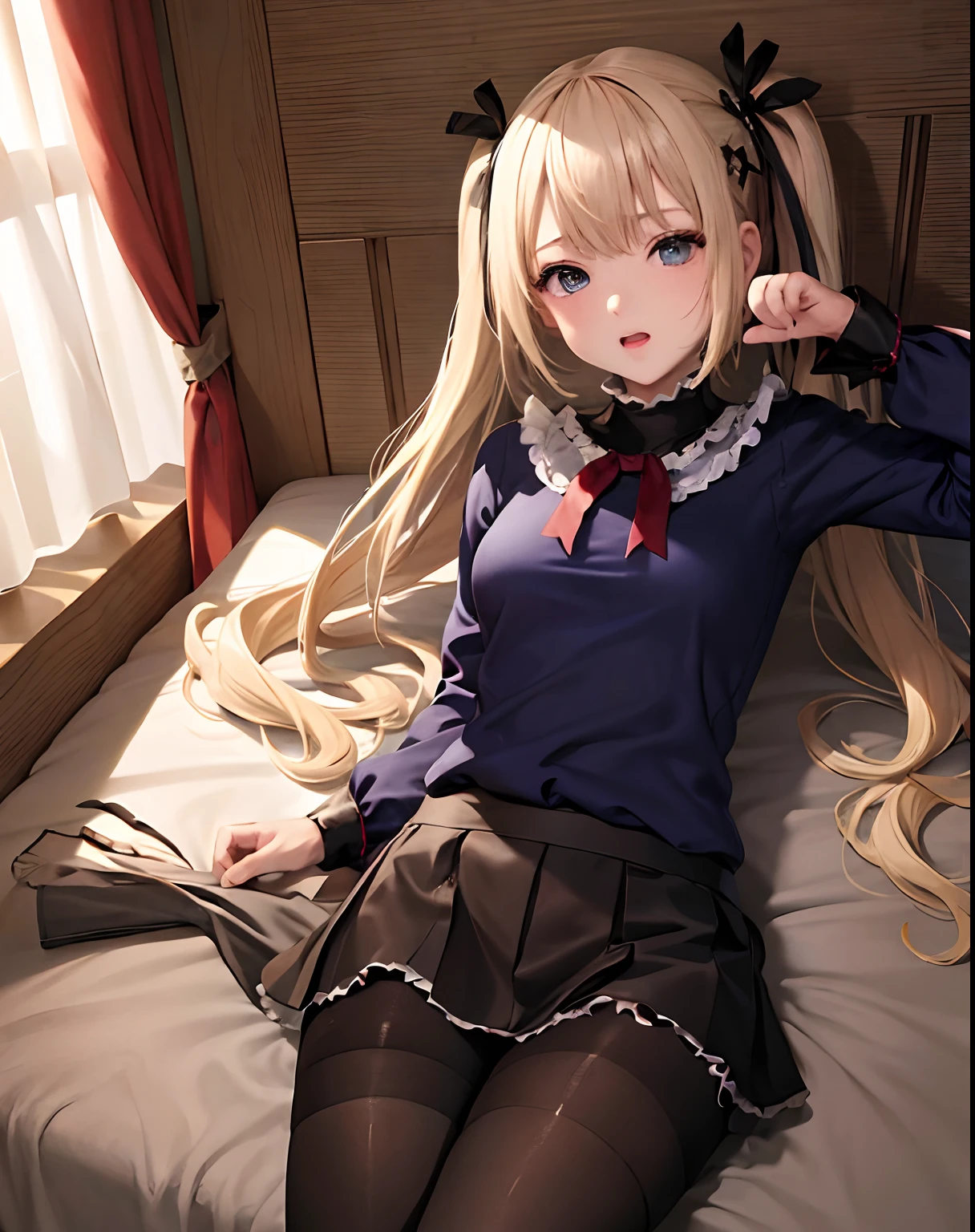 ​masterpiece、hiquality、1girl in、独奏、Marie Rose、cowboy  shot、embarassed expression、Bedroom、((blouse))、((a miniskirt))、((pantyhose))、sleep on one's back