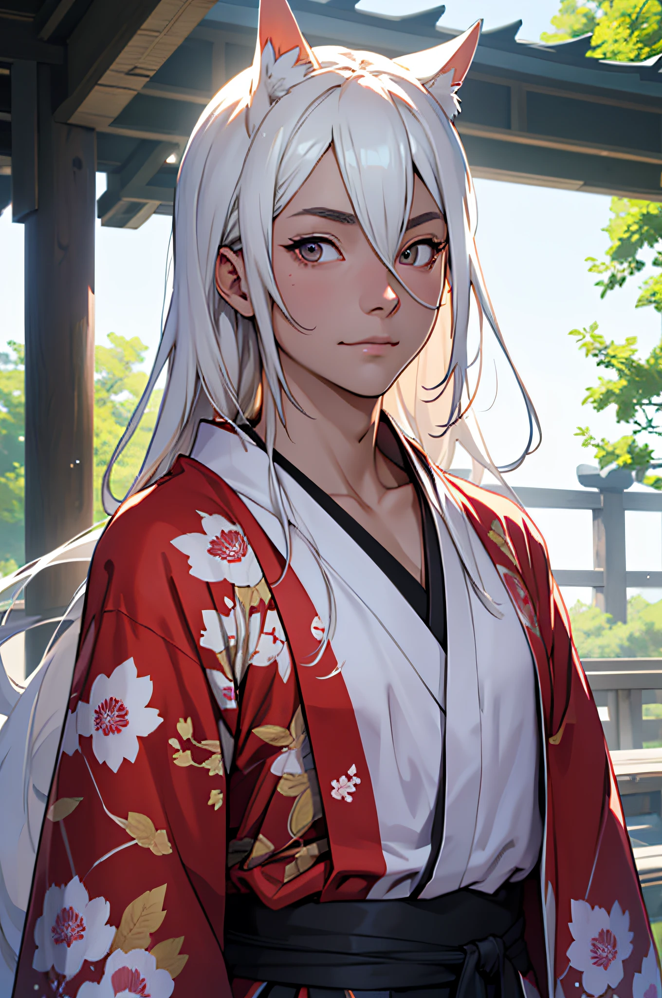((one man)), ((male)), japanese kitsune, japanese kimono, long white hair, perfect face, festival in background, Filmische Beleuchtung, Depth of field, Leuchtendes Licht, raytracing, Reflexionslicht, nahaufnahme, Meisterwerk, Meisterwerk, High quality, best quality, Hohe Detailgenauigkeit, ccurate, anatomisch korrekt, Strukturierte Haut, UHD, hight resolution, 1080p