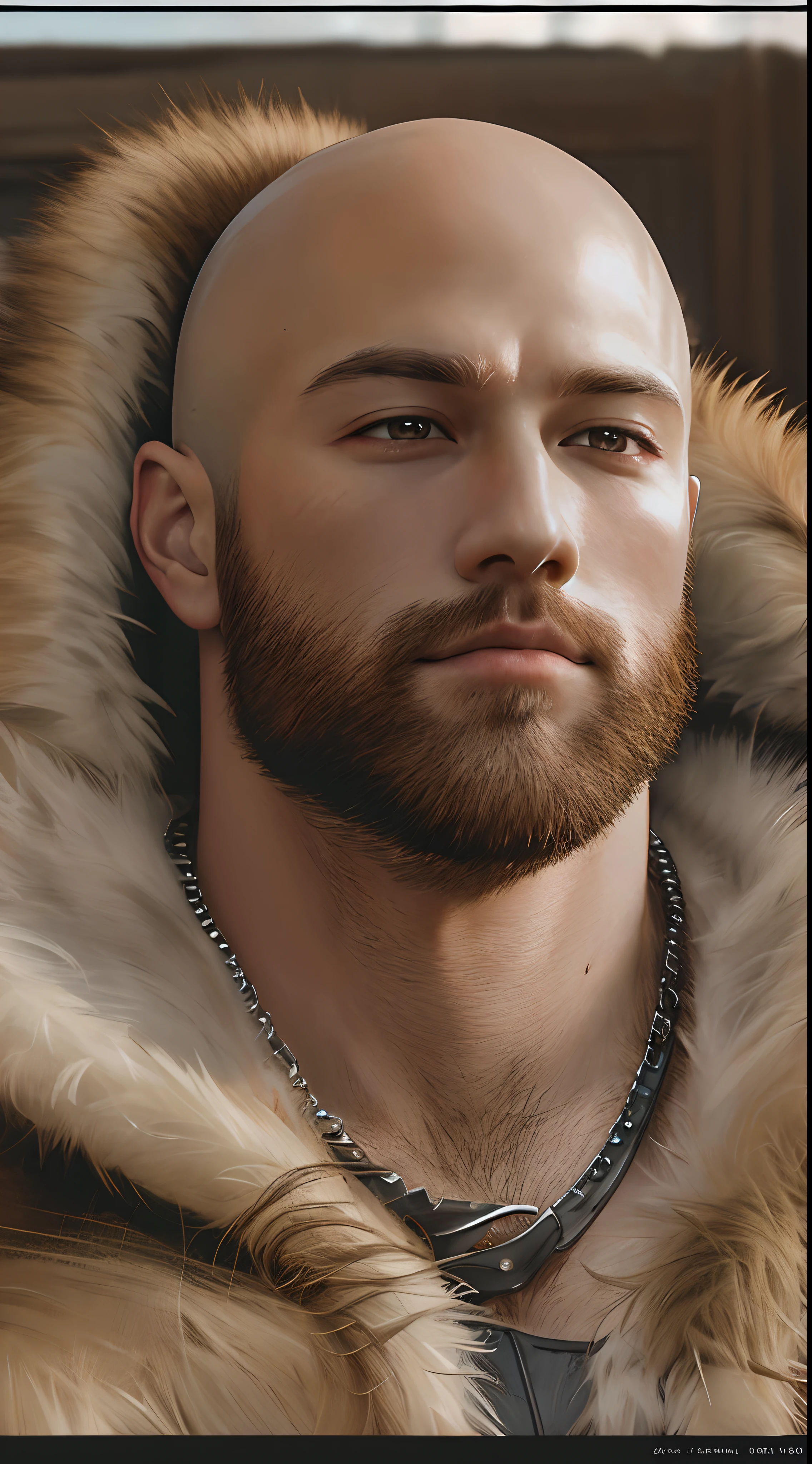 highly detail, RAW color photo, 巨作, Best Quality, ultra-detail, Realism, 30-year-old veteran, (fantaisie), Muscular body, Sculpted body, (detailed skin), (highly detail, hyper details, dilemma), (beard  : 1.4) bald, Covered clothing, Fur clothing, Brown eyes, Bed background, complex, highly detail, sharp focus, dramatic, photorealestic, sexy , nsfw