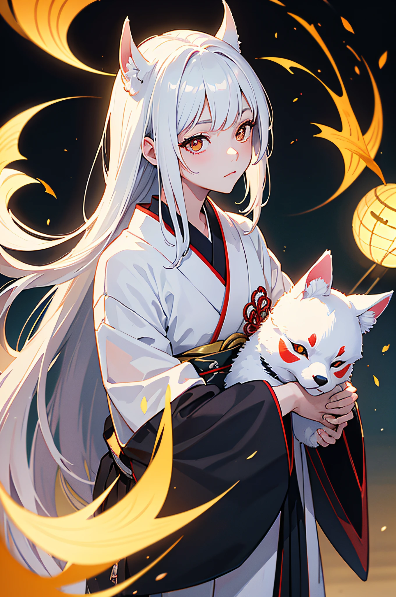 ((one man)), (male) japanese kitsune mask, japanese kimono, long white hair, perfect face, festival in background, Filmische Beleuchtung, Depth of field, Leuchtendes Licht, raytracing, Reflexionslicht, nahaufnahme, Meisterwerk, Meisterwerk, High quality, best quality, Hohe Detailgenauigkeit, ccurate, anatomisch korrekt, Strukturierte Haut, UHD, hight resolution, 1080p