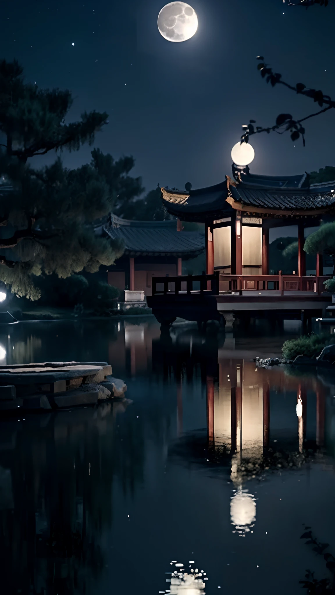 (Best quality,A high resolution,Masterpiece:1.2)The old man with a long white beard looked up at the full moon, Chinese old man，long whitr hair，Dressed in period costume，Oriental ancient gardens，Ancient pavilion，Back shadow，(full moon:1.3), oud, Serene expression, Tranquil atmosphere, Night scene, Moonlit Night, glistening stars, A wisp of white cloud, Soft moonlight, Calm and peaceful, Reflect on emotions, Wisdom and contemplation, mistic, magical,mystical aura, Ethereal, Enchanting atmosphere