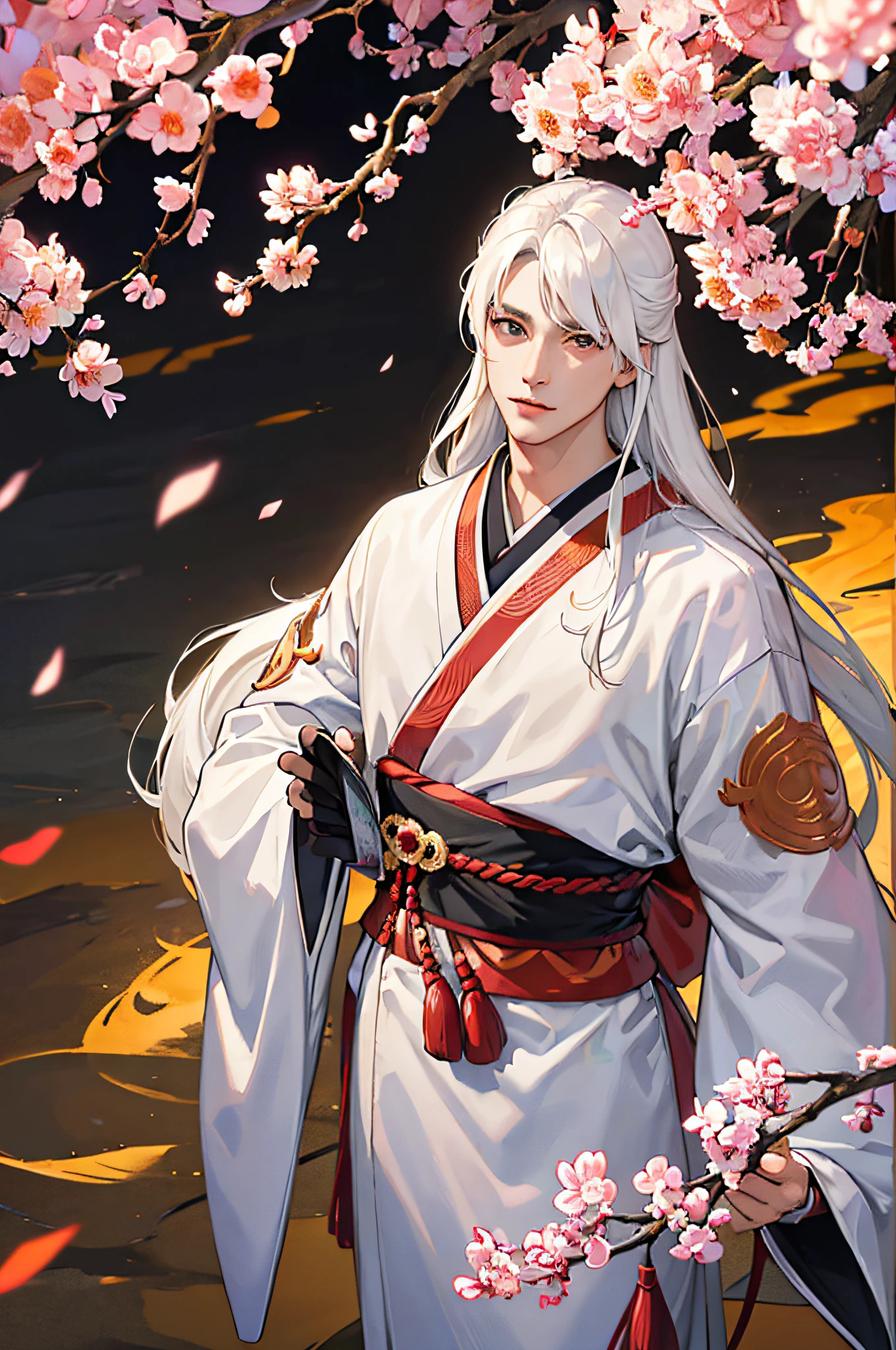 ((one man)), (male) japanese kitsune mask, japanese kimono, long white hair, perfect face, festival in background, Filmische Beleuchtung, Depth of field, Leuchtendes Licht, raytracing, Reflexionslicht, nahaufnahme, Meisterwerk, Meisterwerk, High quality, best quality, Hohe Detailgenauigkeit, ccurate, anatomisch korrekt, Strukturierte Haut, UHD, hight resolution, 1080p