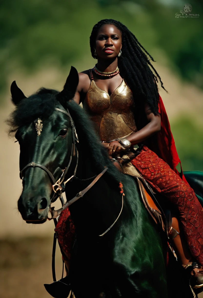 ((((African Warrior Girl Sitting on a Black Horse, Haut rouge, Jupe verte, holding two swords, clenched teeth) combat (homme Africain, barbe noir, frizzy hair, Two swords, cheval noir, standing, courrier, crier, Angry, cap, do, ennemis, Princesse, guerre, esclave, monstres, victoir))))