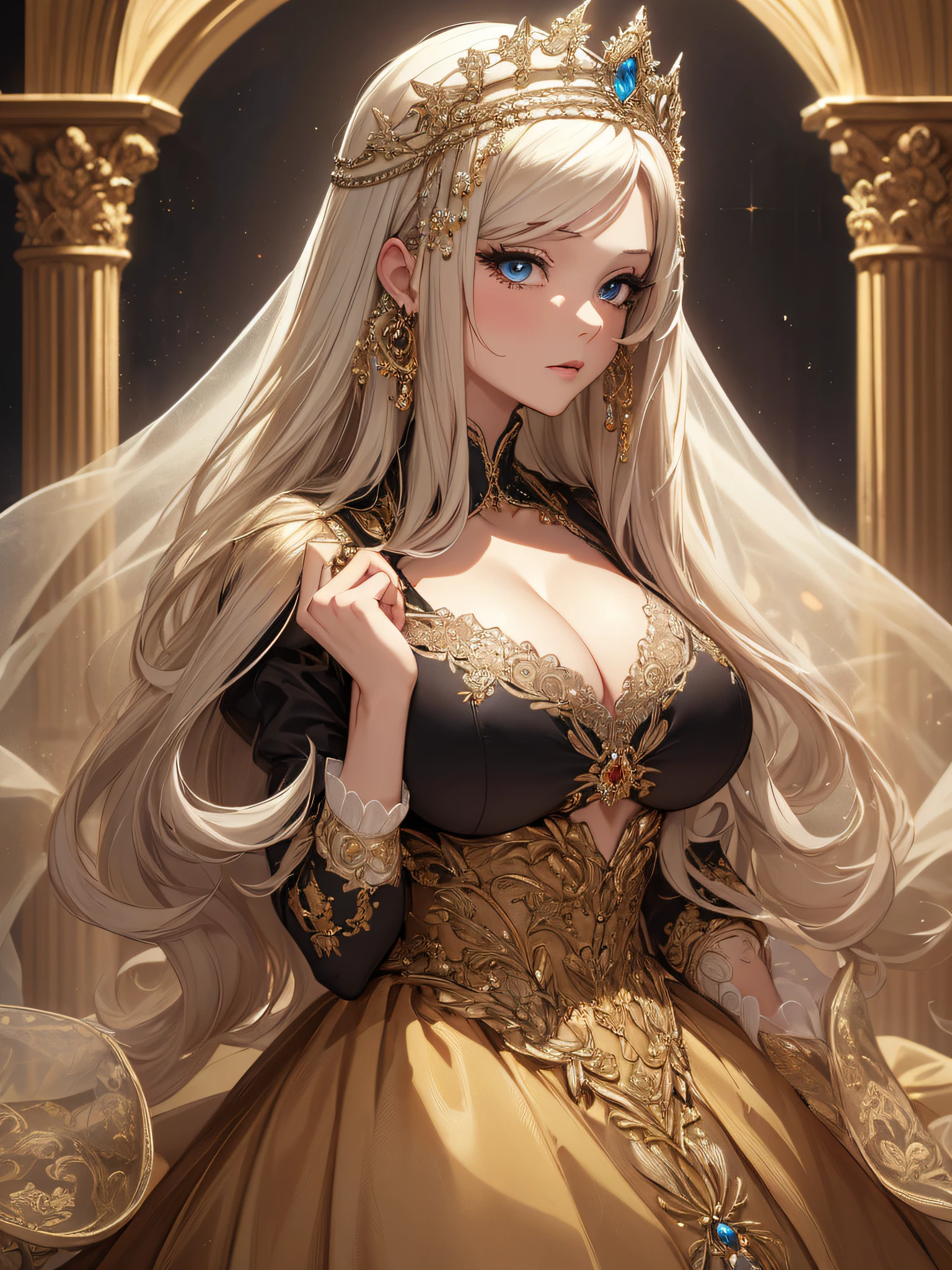 ((anime artstyle)),(Masterpiece),(Best Quality), (Super Detail),((Very Delicate and Beautiful)),cinematic lighting,1 lady,((full body portrait)),((solo)),digital art,(((1 princess in beautiful embroidery and jeweled gorgeous princess rococo ballgown with voluminous full length hoop skirt))),crinoline,long train,((beautiful embroidery and jeweled)),voluminous frills,See-through,(gorgeous embroidery and beautiful lace),(((gigantic tits,skindentation,gigantic cleavage breasts))),cleavage,((large amount of straight hair,extremely voluminous Hair,Very Long Straight Hair)),((finely detailed face and eyes)),clear pupil,((((extremely gorgeousfull hair ornament)))),(bling-bling jeweled extremely gorgeousfull tiara),(bling-bling gorgeous gemstone jewelry),long veil,(beautiful background),(full body),((gorgeous princess rococo ballgown with voluminous full length hoop skirt))