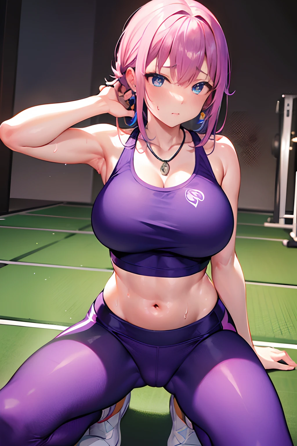 Reflection of the rising sun fitness gym yoga mats、full of sweat、Purple Fitness Wear Use English characters、Camouflage pattern Green leggings、Navel Ejection、 pinkcolor Wave Shorthair、wrist watch、Colossal tits Whip whip、sapphire earrings、Sports Necklaces、Armpit Kneeling、Kamimei、Blue Eyes、embarassed face