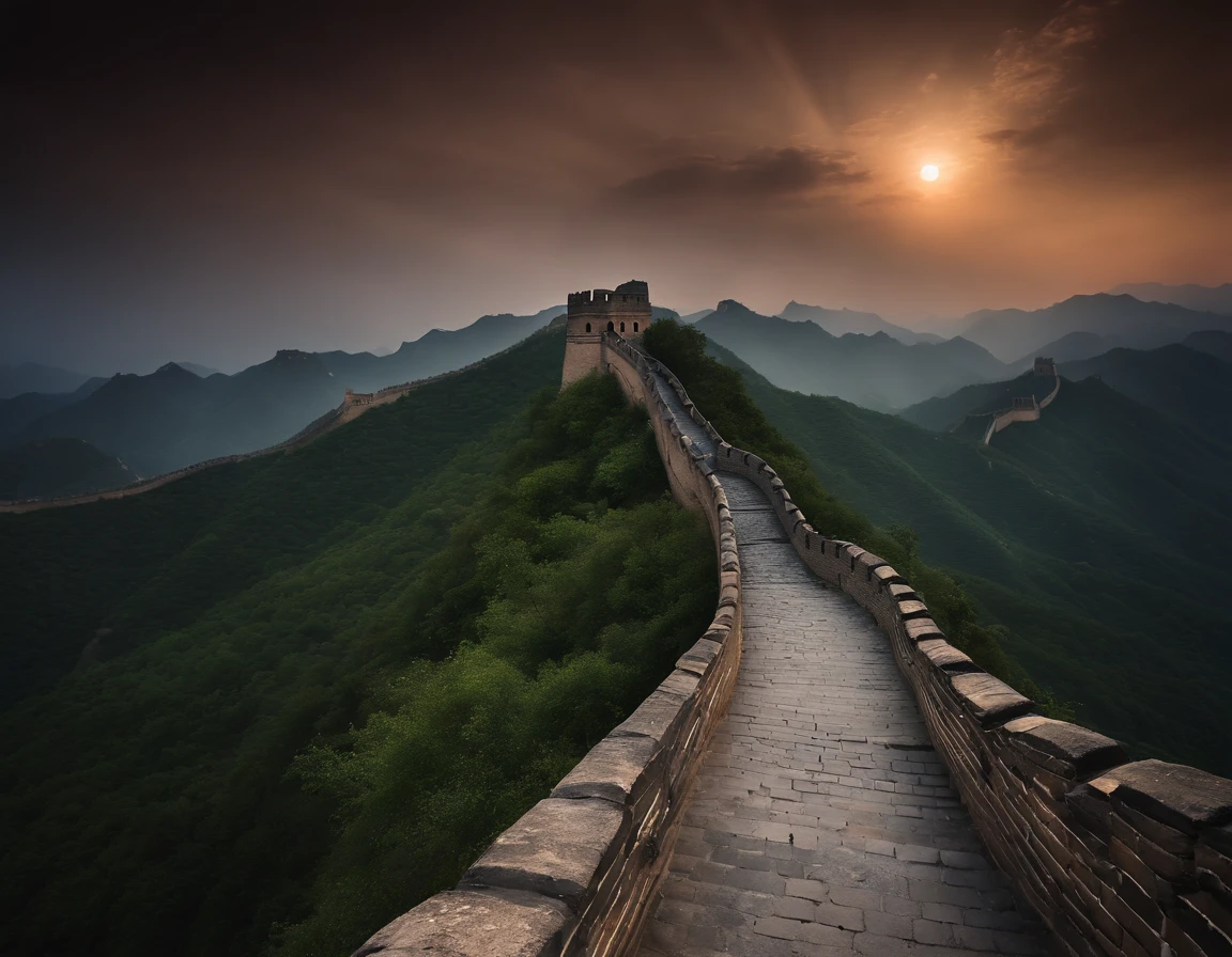 An extremely beautiful photo of the Great Wall of China, in China, sunset, candle lights on, dramatic lighting, laser lights, magnificent aura, amazing views, stunning skies, spectacular full moon, mist, ethereal environment.