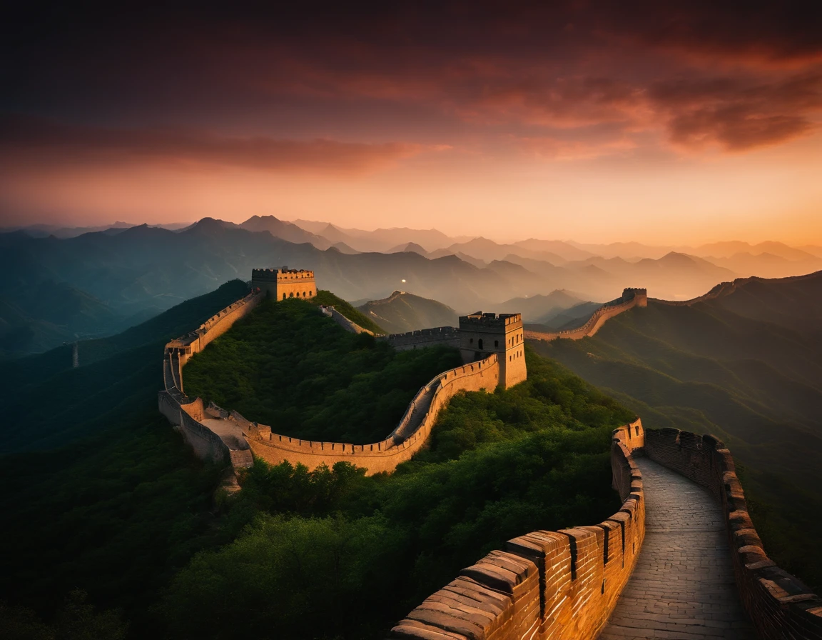 An extremely beautiful photo of the Great Wall of China, in China, sunset, candle lights on, dramatic lighting, laser lights, magnificent aura, amazing views, stunning skies, spectacular full moon, mist, ethereal environment.