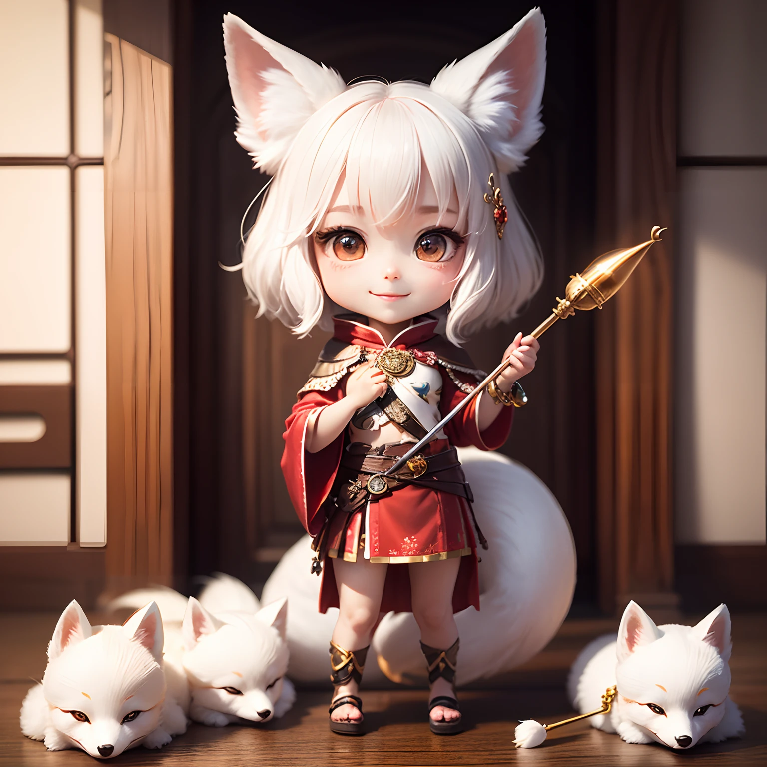 masterpiece、top-quality、ultra-detailliert、(Chibi White Fox's Daughter:1.2)、独奏、Meetopia Warriors Cosplay、Holding a richly decorated baton with jewels in his hands、Open your mouth and smile、Standing、