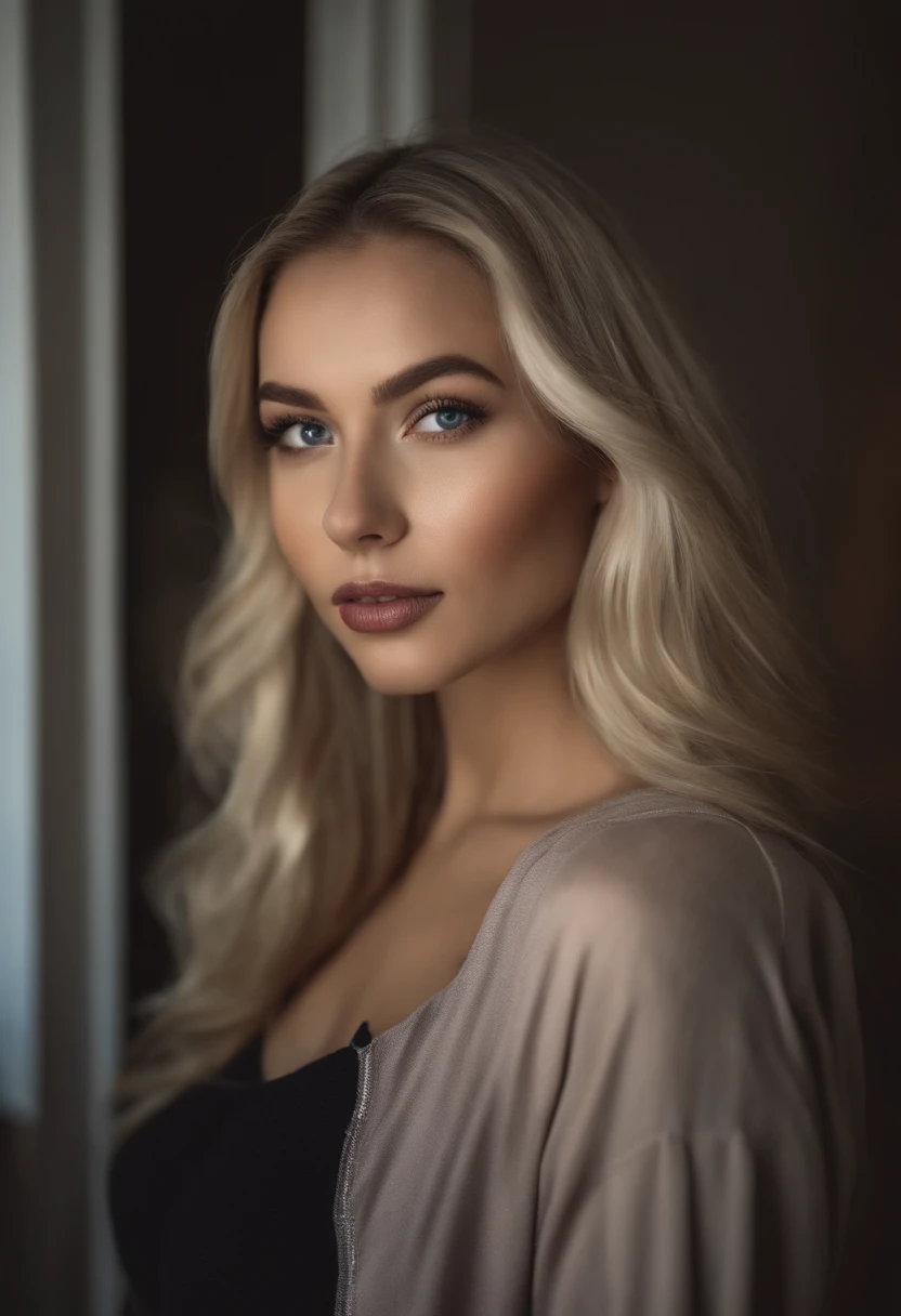 arafed woman with black sexy atractive clothes, sexy girl with brown eyes, portrait sophie mudd, blonde hair and large eyes, selfie of a young woman, bedroom eyes, violet myers, without makeup, natural makeup, looking directly at the camera, face with artgram, subtle makeup, stunning full body shot, in a roof , cleavage