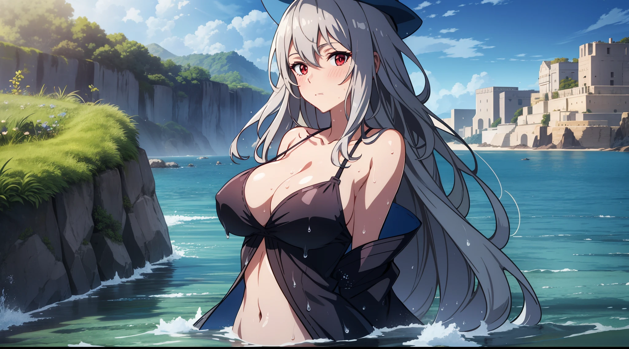 2D, HD, Detailed details, Detailed landscapes, beautiful lights, Beautiful Shadows, top-quality, Highly detailed, masterpiece, best quality, highres, skadi, no hat, gray hair, red eyes, large breast, long hair, blush, closed mouth, navel, looking at viewer, anime, full body, armpits, stomach, highly detailed eyes, cleavage, arms behind back, highly detailed face, anime styled, wet clothes, sea, horizom, sky