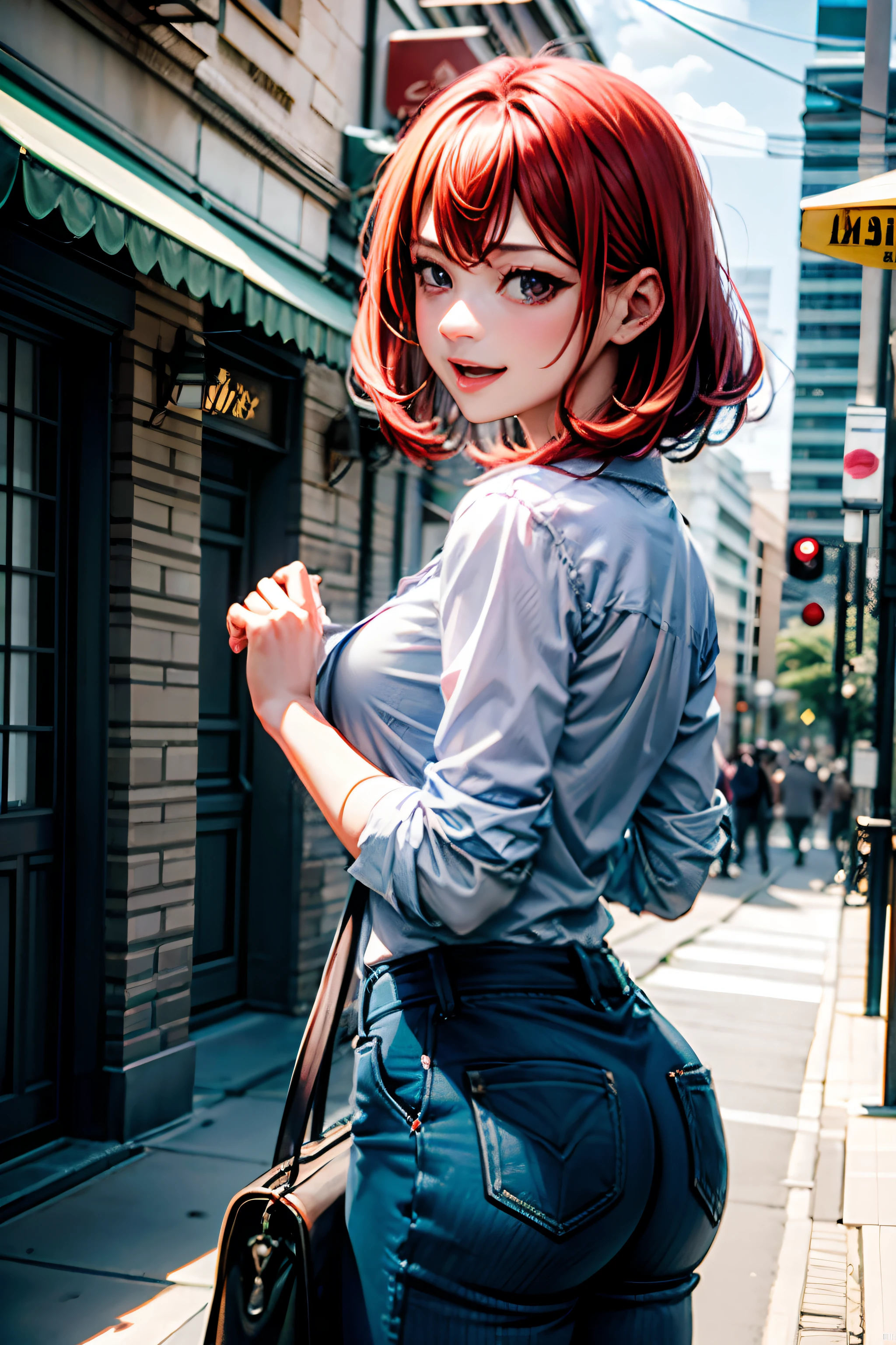 (master part, best quality), 1girl, 鎖骨, cabelos ondulados, Olhando para o Viewer, blurry foreground, parte superior do corpo, colar, contemporary, plain pants, ((intrincado, imprimir, pattern)), rabo-de-cavalo, Sardas, red hair, luz solar fraca, sorrir, Feliz,