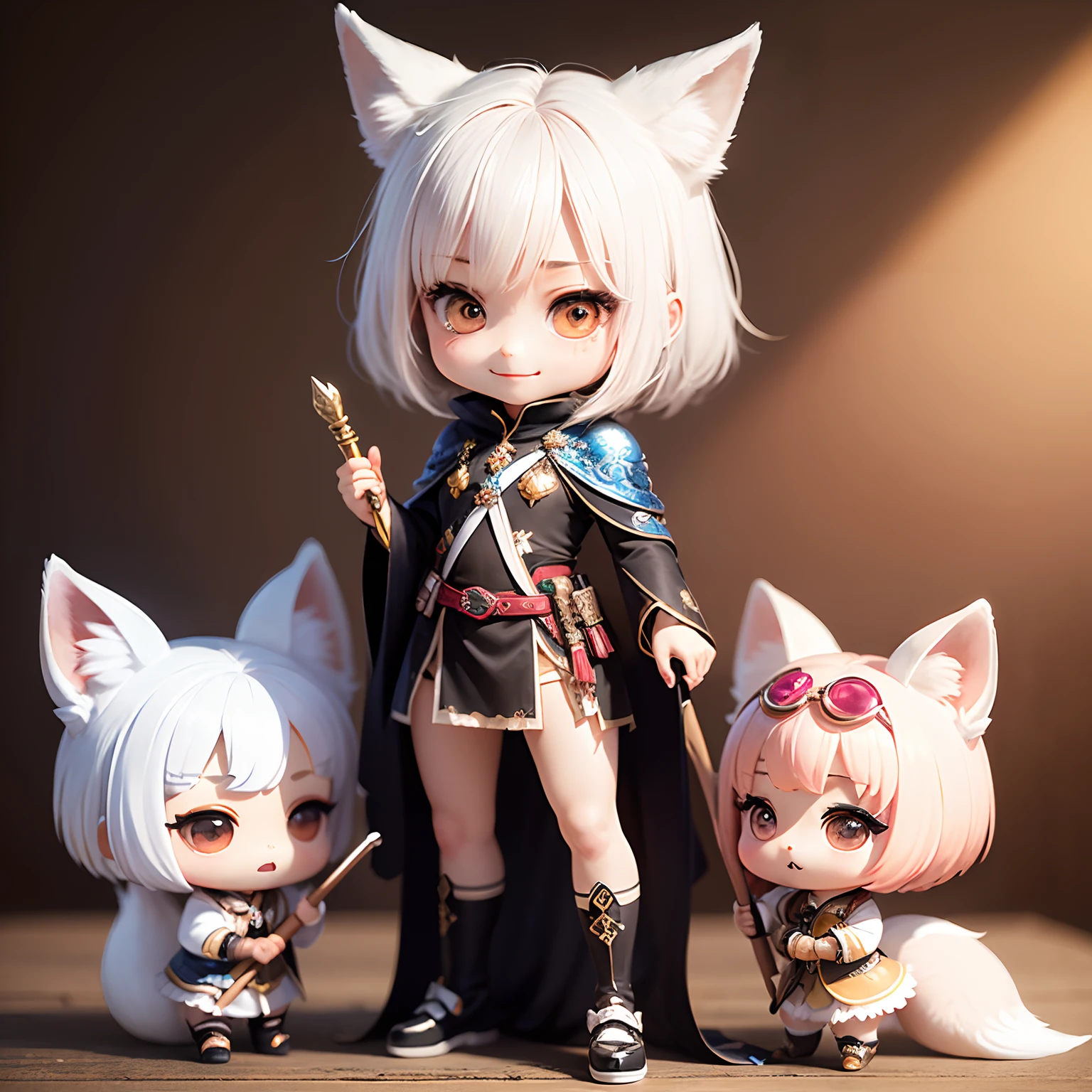 masterpiece、top-quality、ultra-detailliert、(Chibi White Fox's Daughter:1.4)、独奏、Meatpia Warriors Cosplay、Holding a richly decorated baton with jewels in his hands、Open your mouth and smile、Standing、