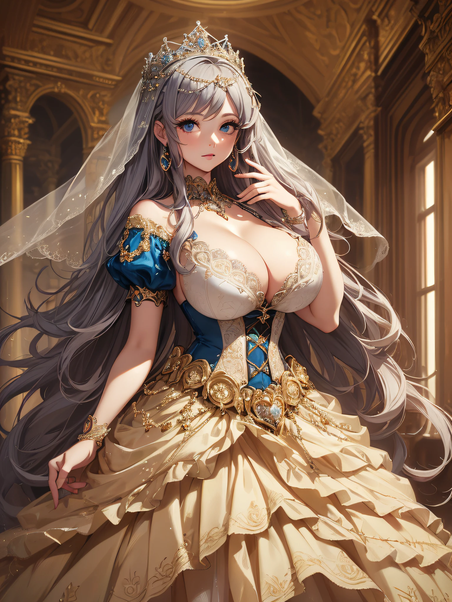 ((anime artstyle)),(Masterpiece),(Best Quality), (Super Detail),((Very Delicate and Beautiful)),cinematic lighting,1 lady,((full body portrait)),((solo)),digital art,(((1 princess in beautiful embroidery and jeweled gorgeous princess rococo ballgown with voluminous full length hoop skirt))),crinoline,long train,((beautiful embroidery and jeweled)),voluminous frills,See-through,(gorgeous embroidery and beautiful lace),(((gigantic tits,skindentation,gigantic cleavage breasts))),cleavage,((large amount of straight hair,extremely voluminous Hair,Very Long Straight Hair)),((finely detailed face and eyes)),clear pupil,((((extremely gorgeousfull hair ornament)))),(bling-bling jeweled extremely gorgeousfull tiara),(bling-bling gorgeous gemstone jewelry),long veil,(beautiful background),(full body),((gorgeous princess rococo ballgown with voluminous full length hoop skirt))