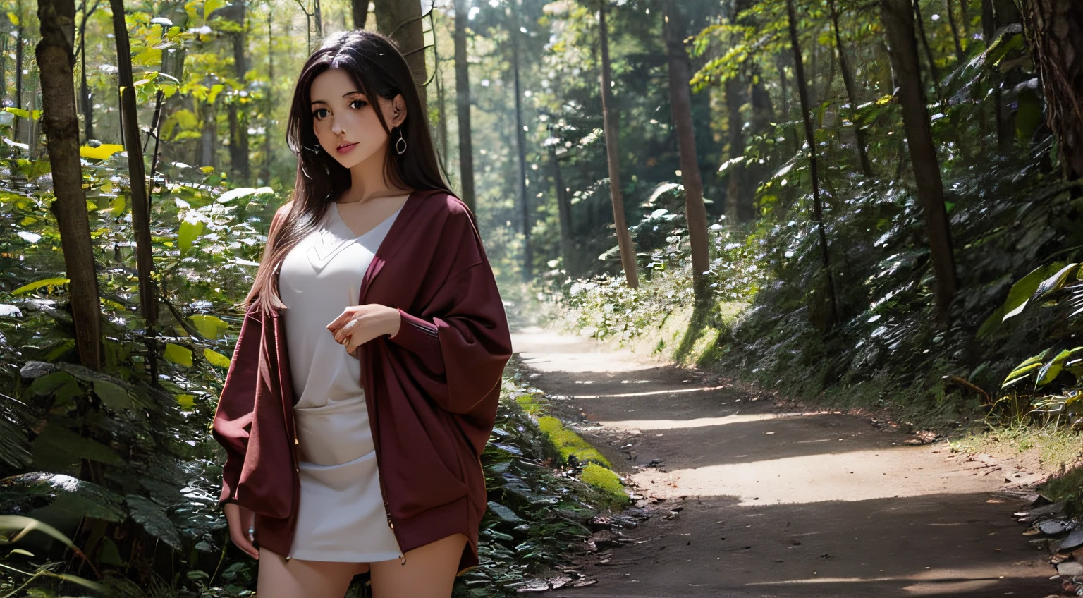 Beautiful young Hispanic woman in the forest with loose clothing glamor style