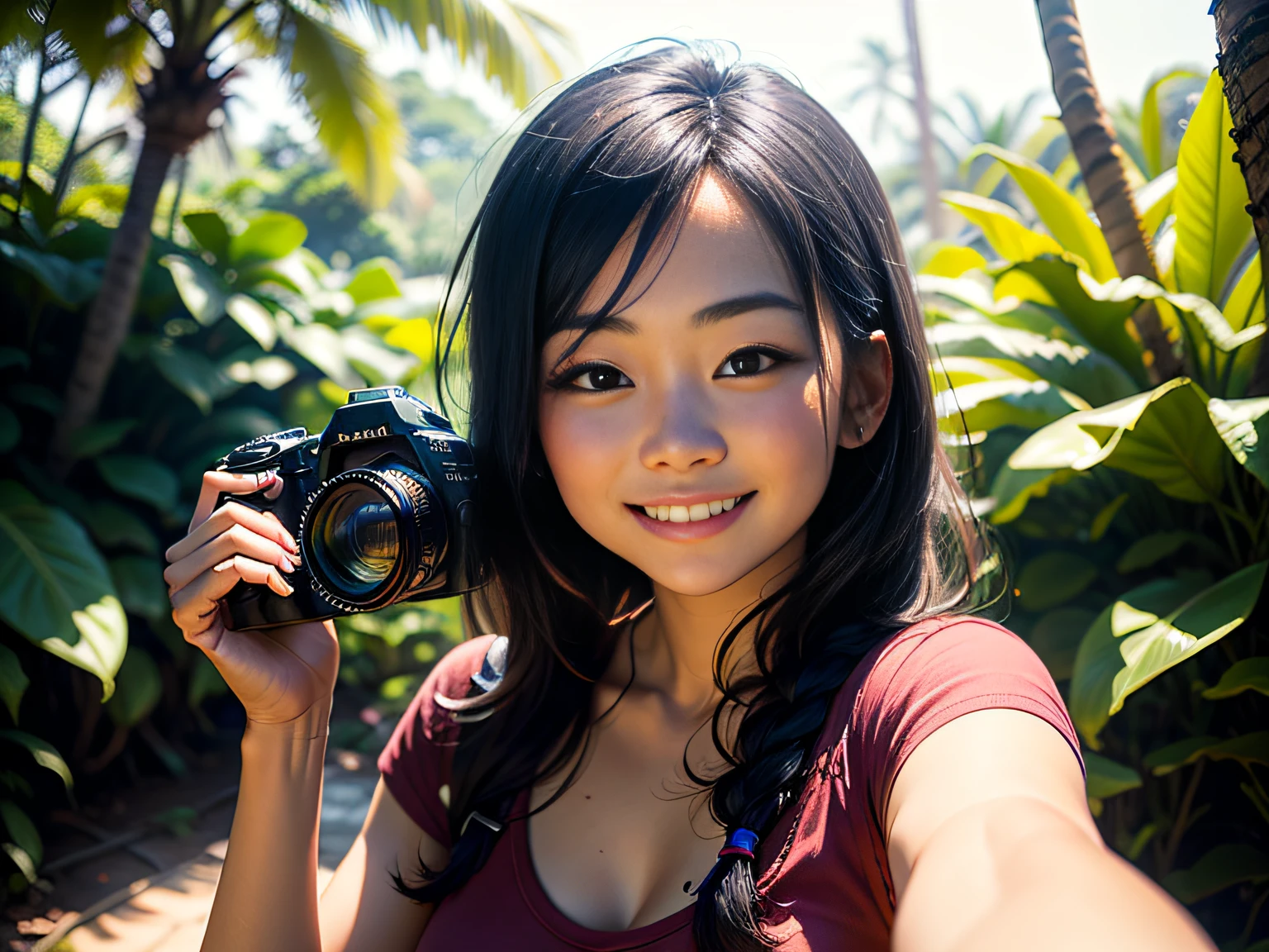 Imagem de Lin Xie em uma trilha na floresta tropical brasileira, smiling at the camera while holding your camera.