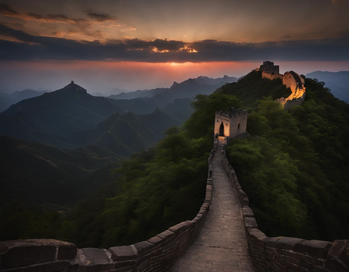 An extremely beautiful photo of the Great Wall of China, in China, sunset, candle lights on, dramatic lighting, laser lights, magnificent aura, amazing views, stunning skies, spectacular full moon, mist, ethereal environment.