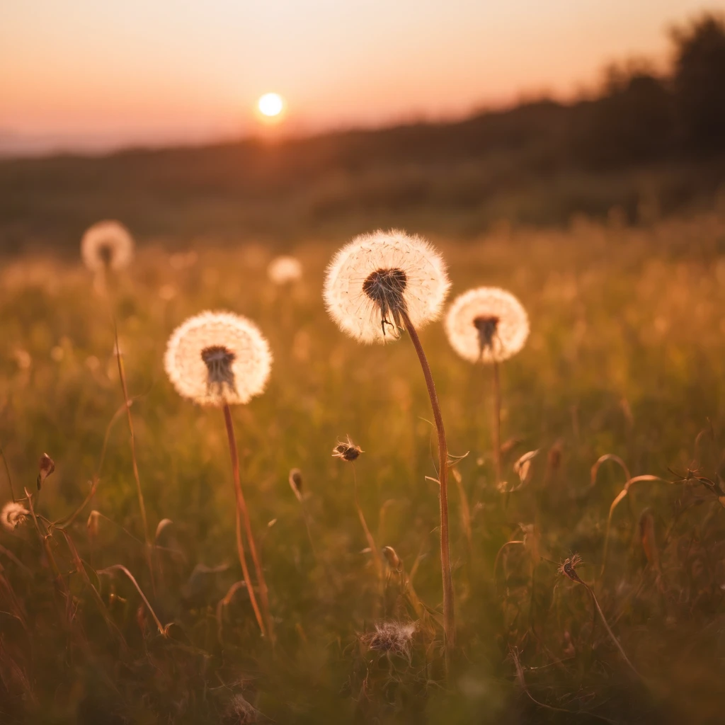 dandelions, sangre, sangriento, liquido rojo, caminando sobre la hierba, con un atardecer de fondo, cuerpo entero, lion's mane