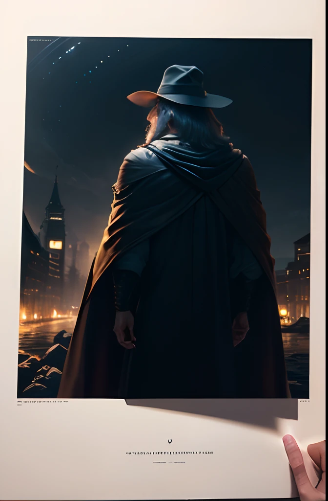 Homem, the night on his back with a wizard's cape and hat, longos cabelos brancos, imagem na penumbra (obra-prima) (8k high resolution) (melhor qualidade) (Ultra Definition) (Ultra realista)(Foto RAW) (Foto realista) (bright illumination)