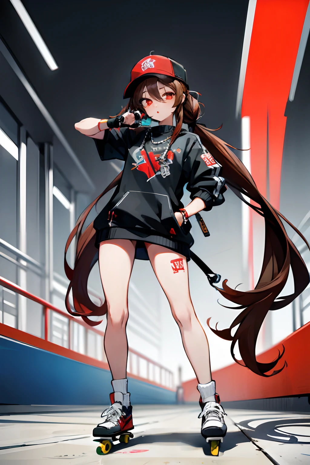 SFW, masterpiece, standing (woman 1), (((rapper pose)), (rapper clothes), red eyes,  dsrk brown hair, two ponytails, very long hair, skate park, backwards cap, microphone