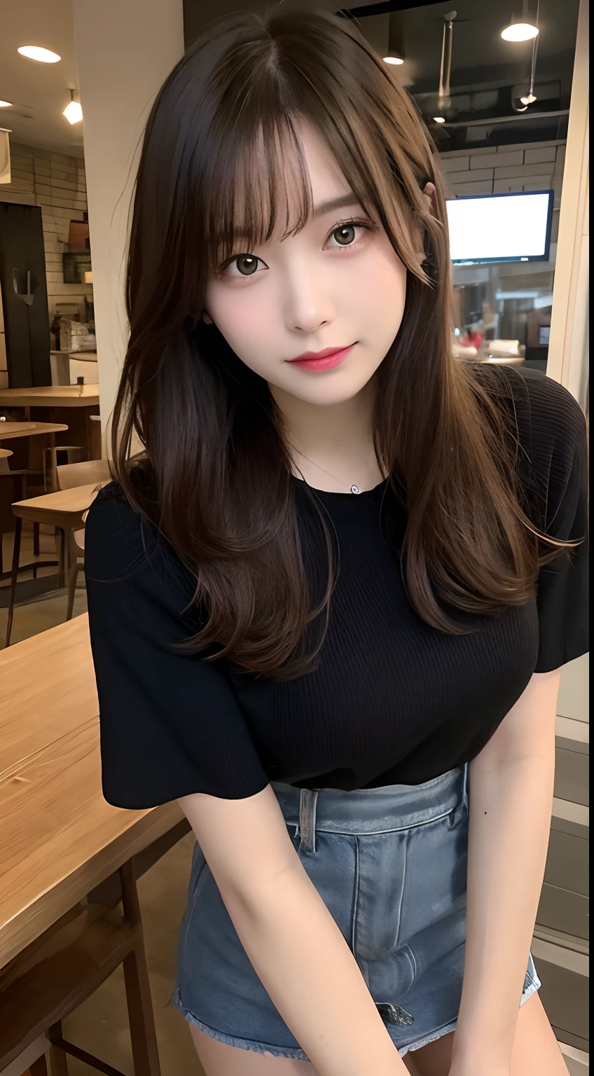 finely detail, hight resolution, hightquality、Perfect dynamic composition, Beautiful detailed eyes, Medium Hair, Natural Color Lip, full bodyesbian、1人の女性、a miniskirt、Shibuya、college aged、cafes