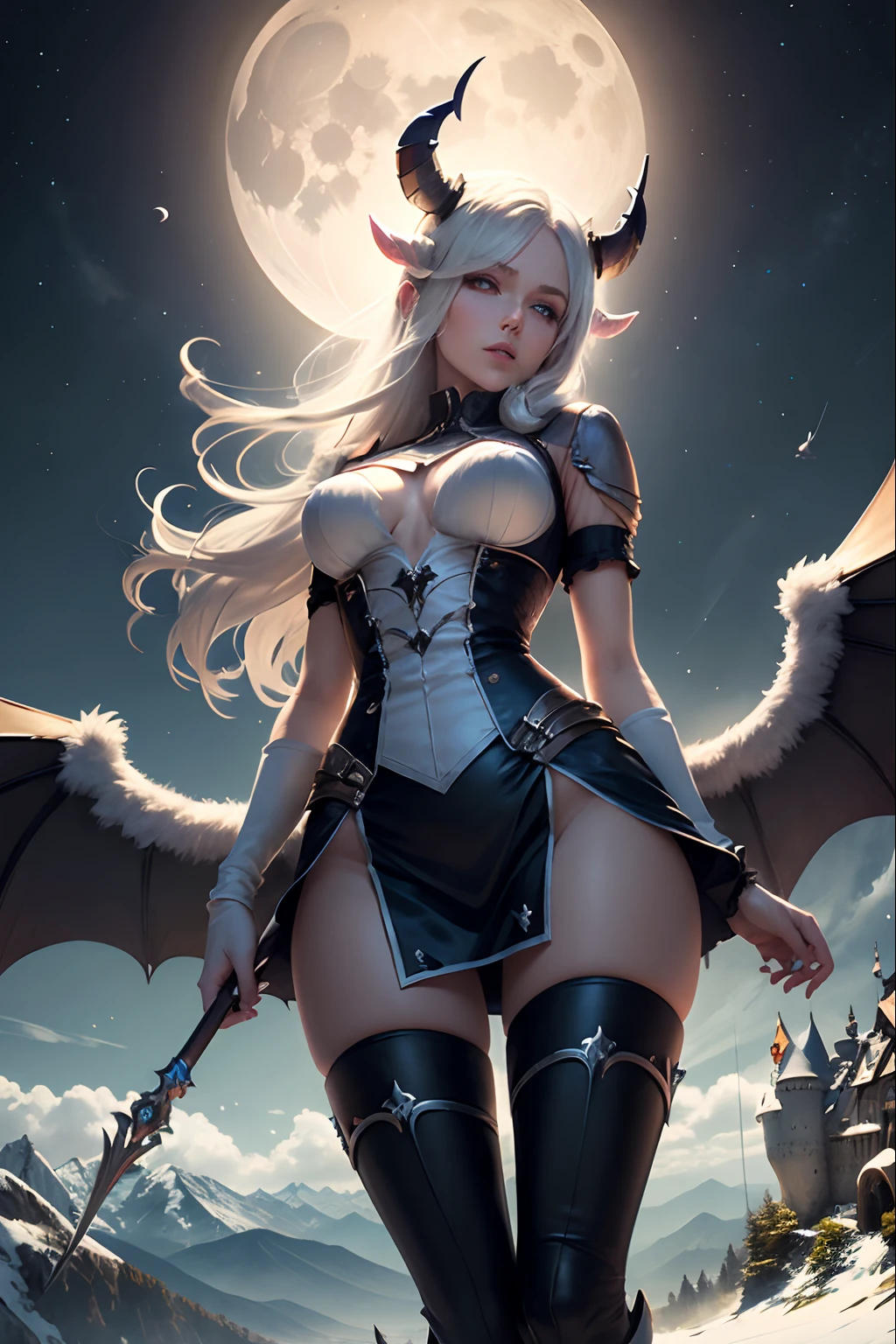 (Meisterwerk), best quality, Perfekte Augen, Albedo von Overlord, white horns, schwarzes Haar, whitedress, flying in front of the moon, mountains, old castle, spread wings