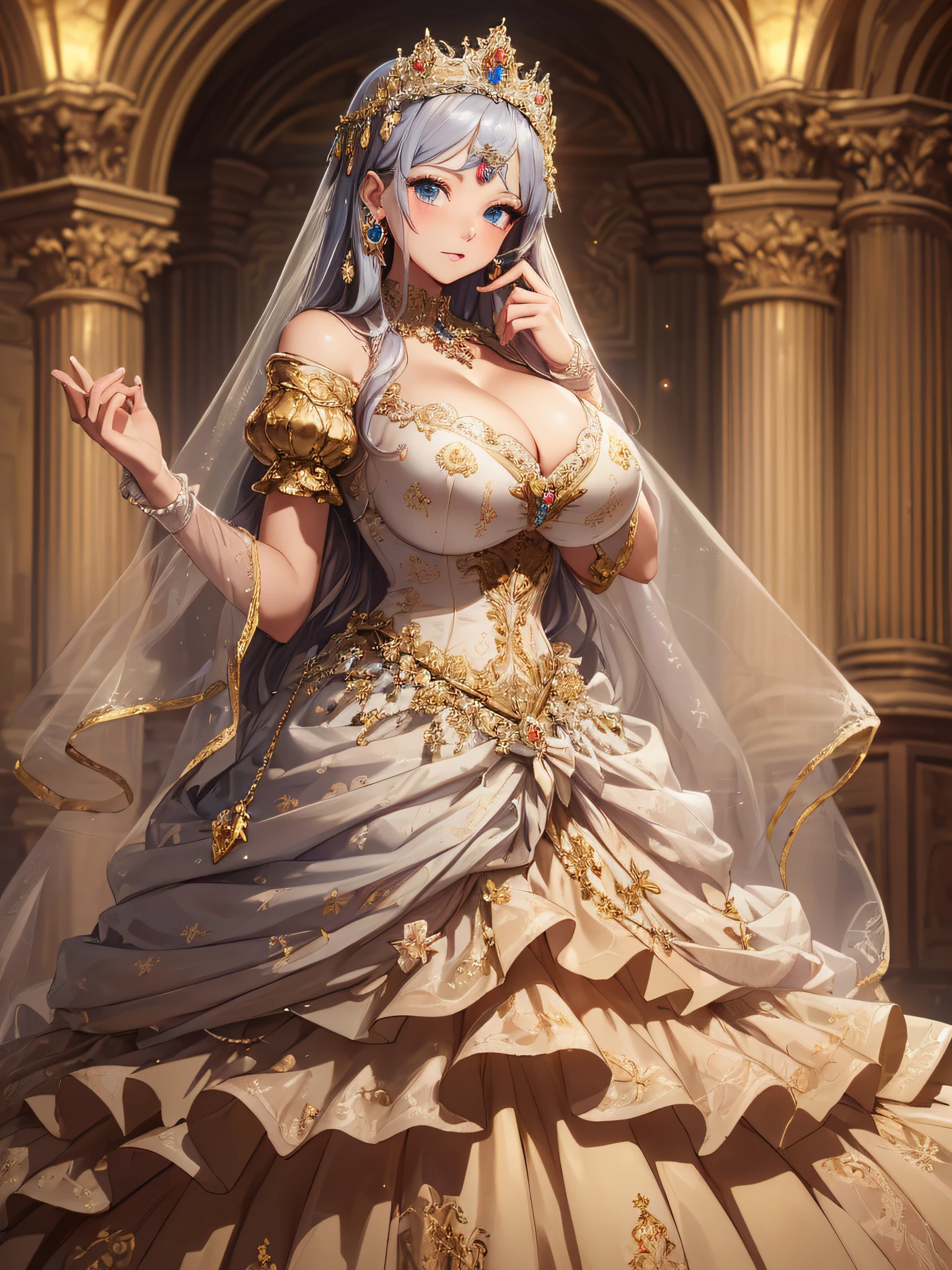 ((anime artstyle)),(Masterpiece),(Best Quality), (Super Detail),((Very Delicate and Beautiful)),cinematic lighting,1 lady,((full body portrait)),((solo)),digital art,(((1 princess in beautiful embroidery and jeweled gorgeous princess rococo ballgown with voluminous full length hoop skirt))),crinoline,long train,((beautiful embroidery and jeweled)),voluminous frills,See-through,(gorgeous embroidery and beautiful lace),(((gigantic tits,skindentation,gigantic cleavage breasts))),cleavage,((large amount of straight hair,extremely voluminous Hair,Very Long Straight Hair)),((finely detailed face and eyes)),clear pupil,((((extremely gorgeousfull hair ornament)))),(bling-bling jeweled extremely gorgeousfull tiara),(bling-bling gorgeous gemstone jewelry),long veil,(beautiful background),(full body),((gorgeous princess rococo ballgown with voluminous full length hoop skirt))