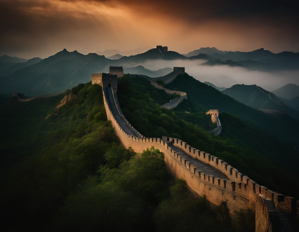 An extremely beautiful photo of the Great Wall of China, in China, sunset, candle lights on, dramatic lighting, laser lights, magnificent aura, amazing views, stunning skies, spectacular full moon, heavy mist, ethereal environment.