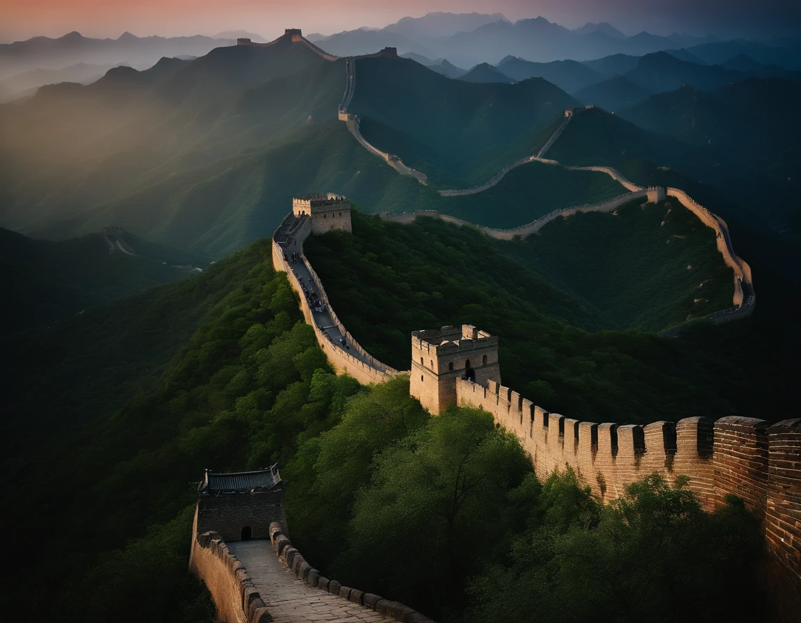An extremely beautiful photo of the Great Wall of China, in China, sunset, candle lights on, dramatic lighting, laser lights, magnificent aura, amazing views, stunning skies, spectacular full moon, heavy mist, ethereal environment.