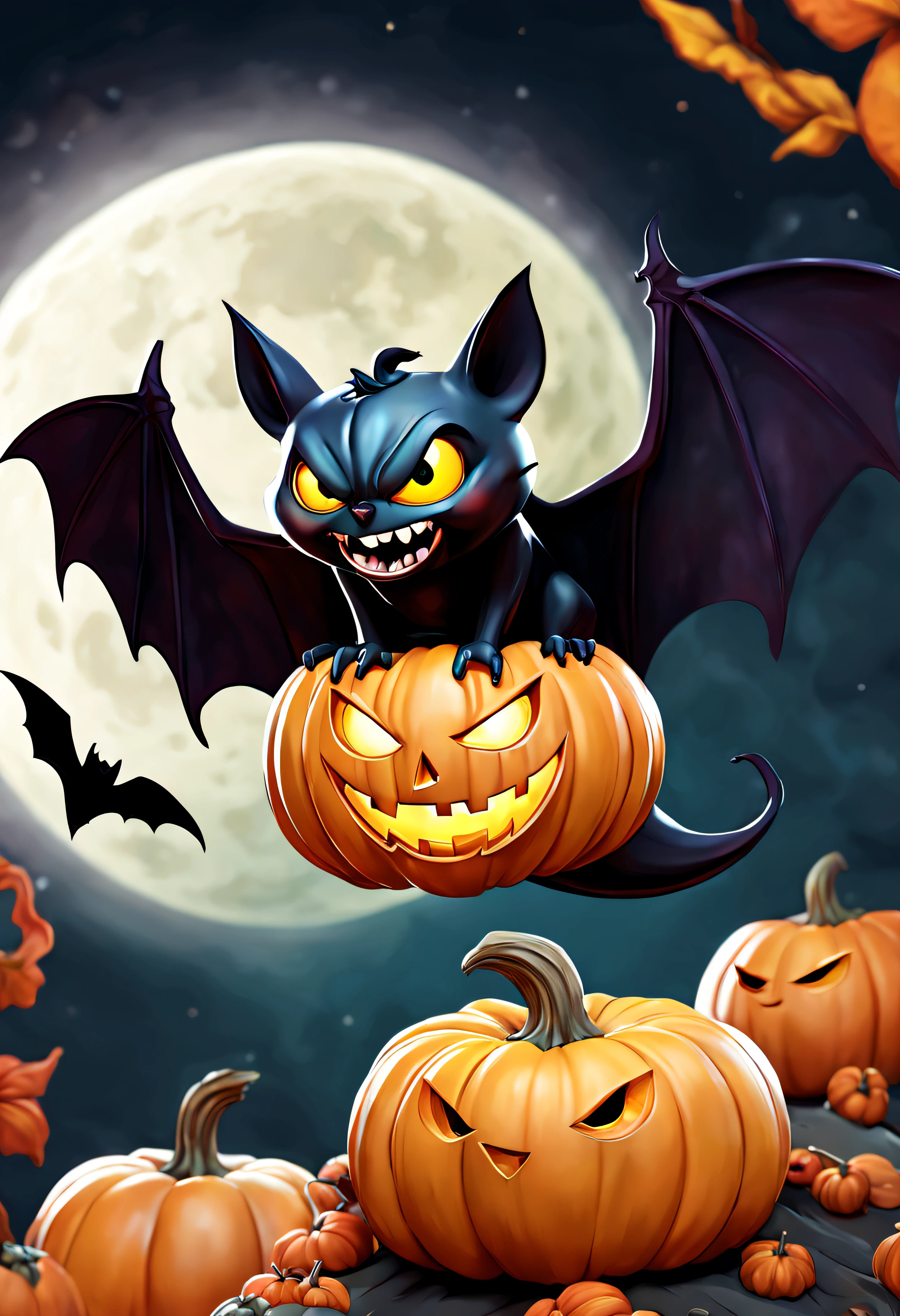 Spooky halloween evil pumpkin with bat wings flying with full moon on the background, detailed halloween evil pumpkin scene, vector, simple, Halloween, black bat, jack o’lantern, , trendy psychedelic , dark magic splash, dark, ghotic, tetradic colors, 3D art, fantasy art, bokeh, Adobe Illustrator, digital painting, soft lighting view, retro aesthetic, focused on the character, 4K resolution, photorealistic rendering, centered tshirt design