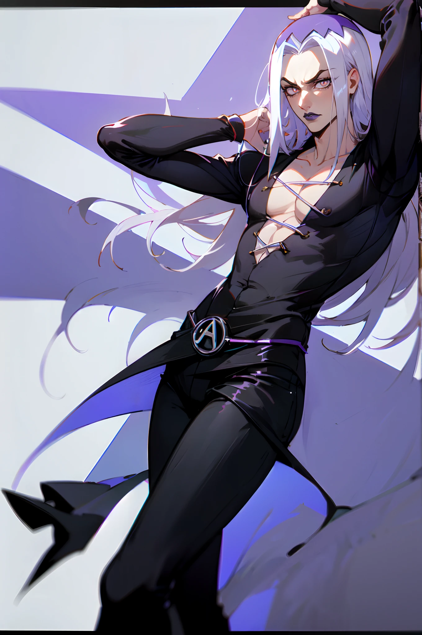 Leone Abbacchio, Abbacchio, white hair, long hair, black pants, black shoes, purple chest wiring, purple eye, yellow eye, 1boy, solo, male focus, cowboy shot, (purple and yellow eyes), purple lipstick, full lips