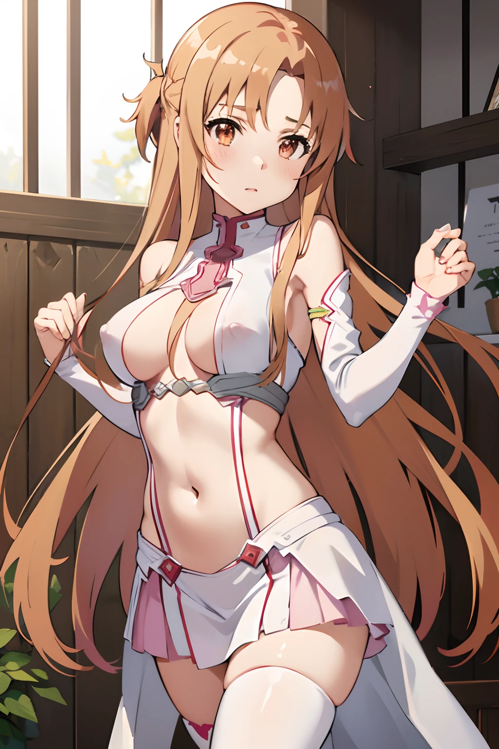 {asuna yuuki(sword art online)}, 1girl, ​masterpiece、top-quality、NSFW, {seminude、toppless、pink nipples、Naked Dance、Metamorphosis、A slender、