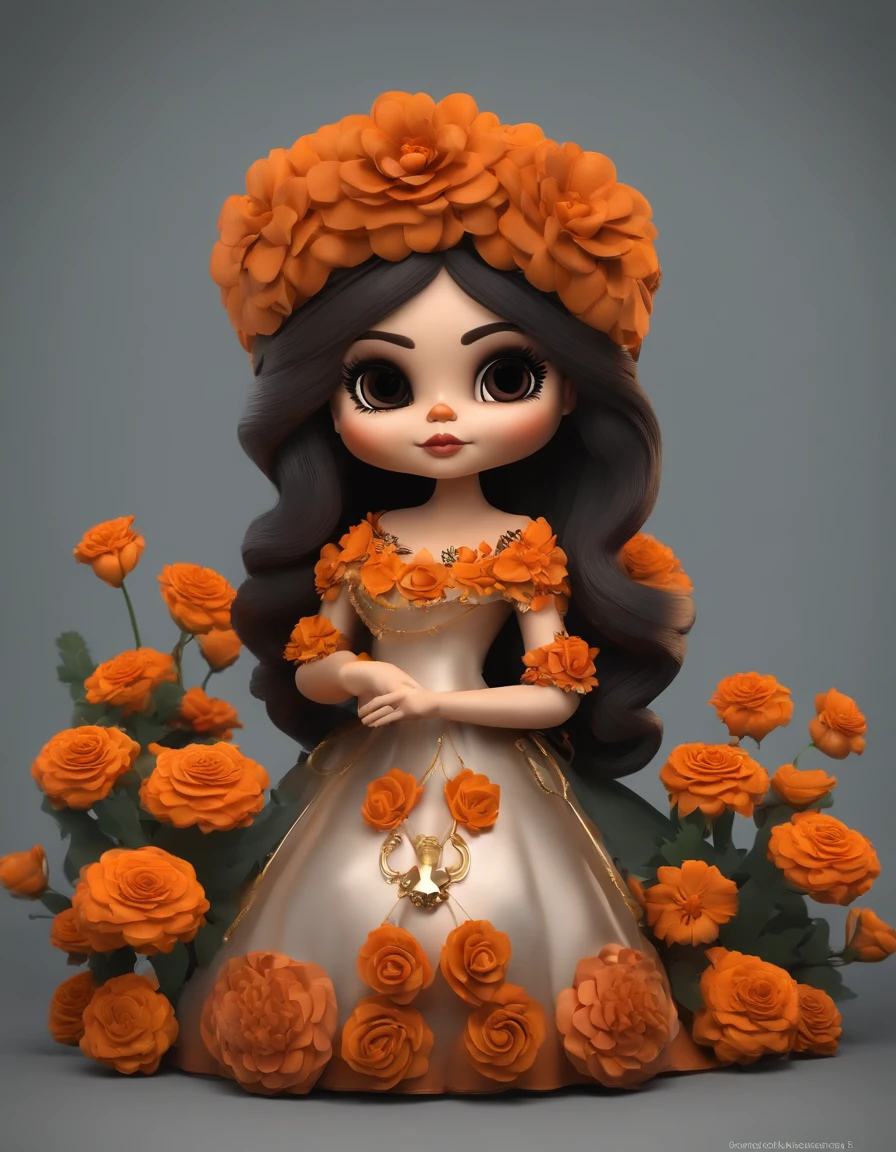 Chibi-catrina beautiful pixar girl with wreath cempasúchil, com marigold flowers HALLOWEEN TYPE. SMOKE BELOW ORANGE COLOR. 3Dcolors escuro, laranja, amarelo. Flores alaranjadas de fundo, Velas e Altar do Dia dos Mortos 3D, 3D-rendering